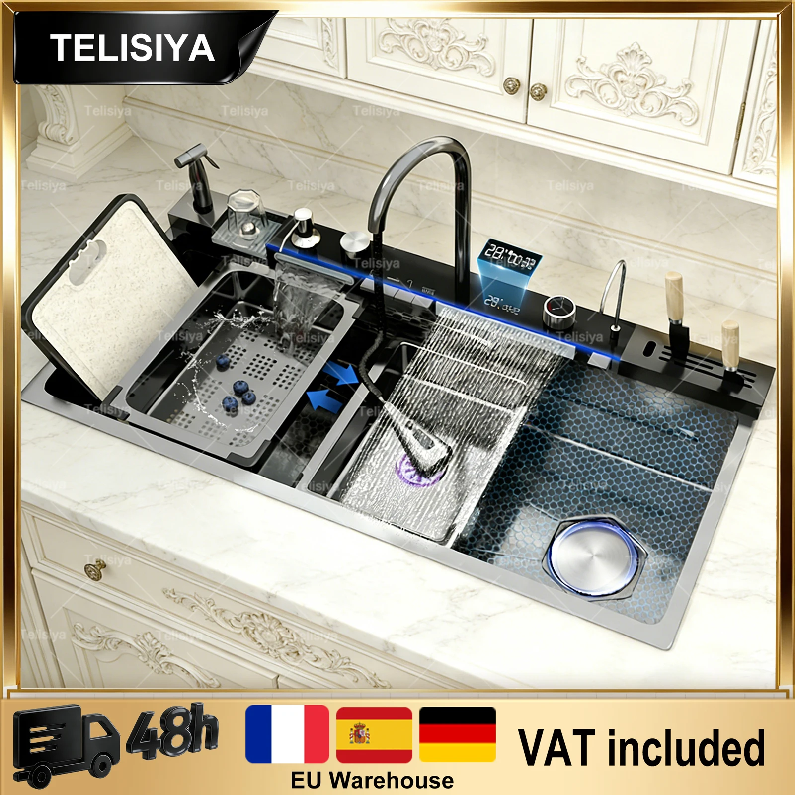 Modern Stainless Steel Kitchen Sink Multifunctional Sinks Waterfall Golden Large Single Slot Digital Display Washing Basin