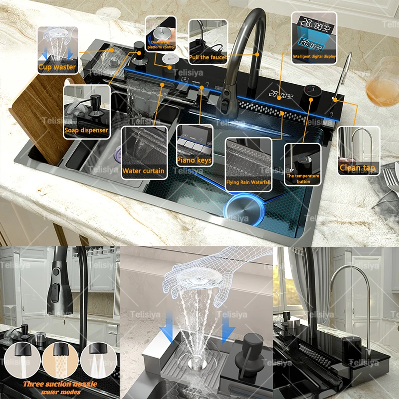 Modern Stainless Steel Kitchen Sink Multifunctional Sinks Waterfall Golden Large Single Slot Digital Display Washing Basin
