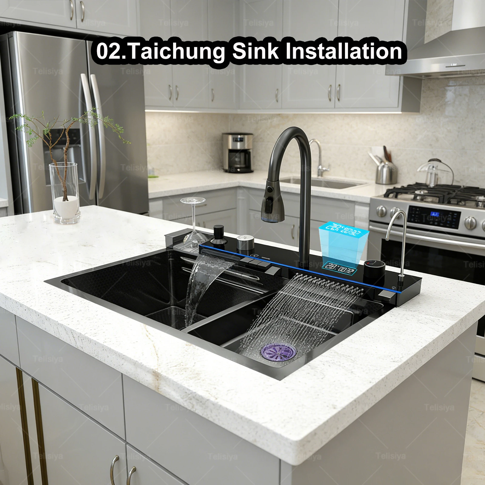 Modern Stainless Steel Kitchen Sink Multifunctional Sinks Waterfall Golden Large Single Slot Digital Display Washing Basin