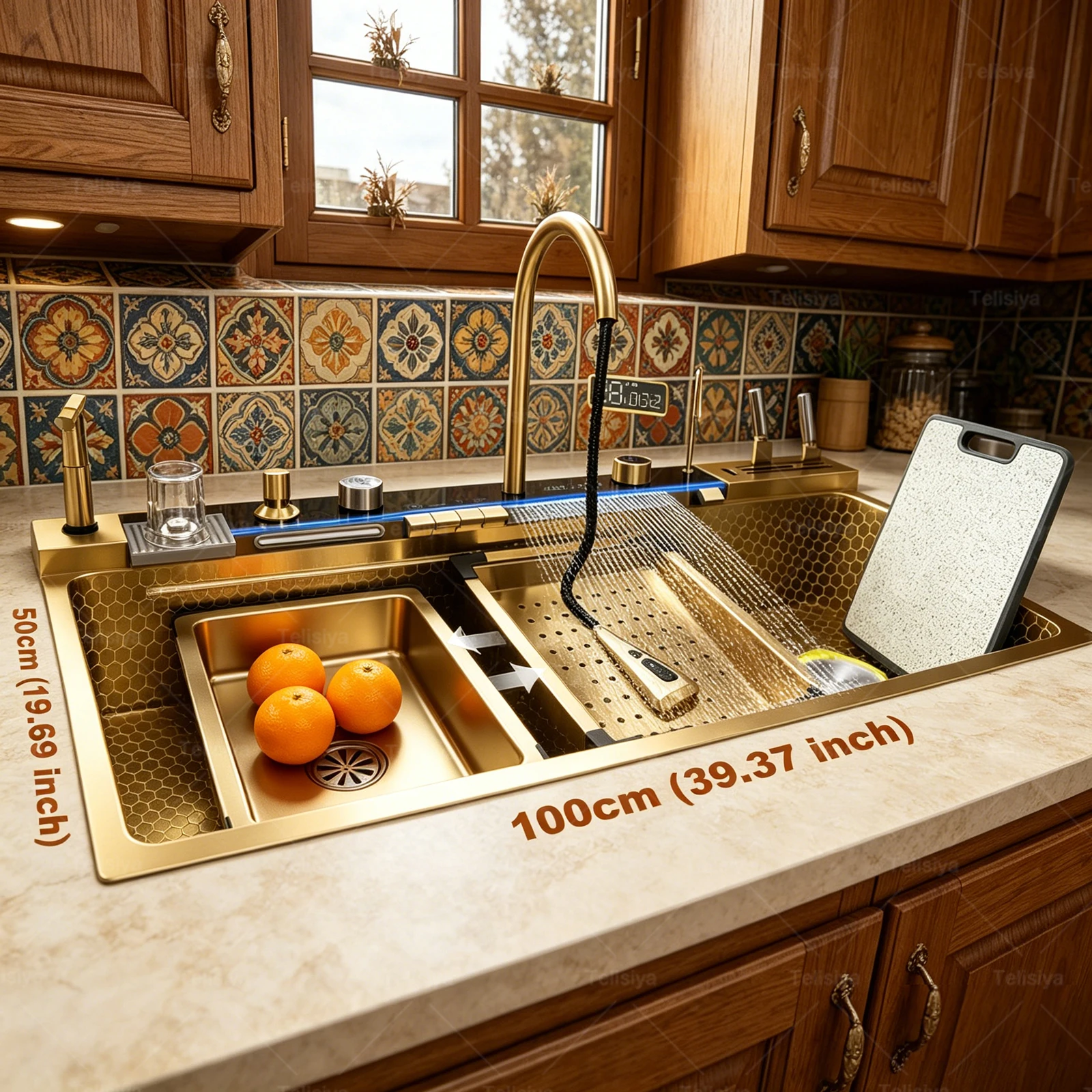 Modern Stainless Steel Kitchen Sink Multifunctional Sinks Waterfall Golden Large Single Slot Digital Display Washing Basin