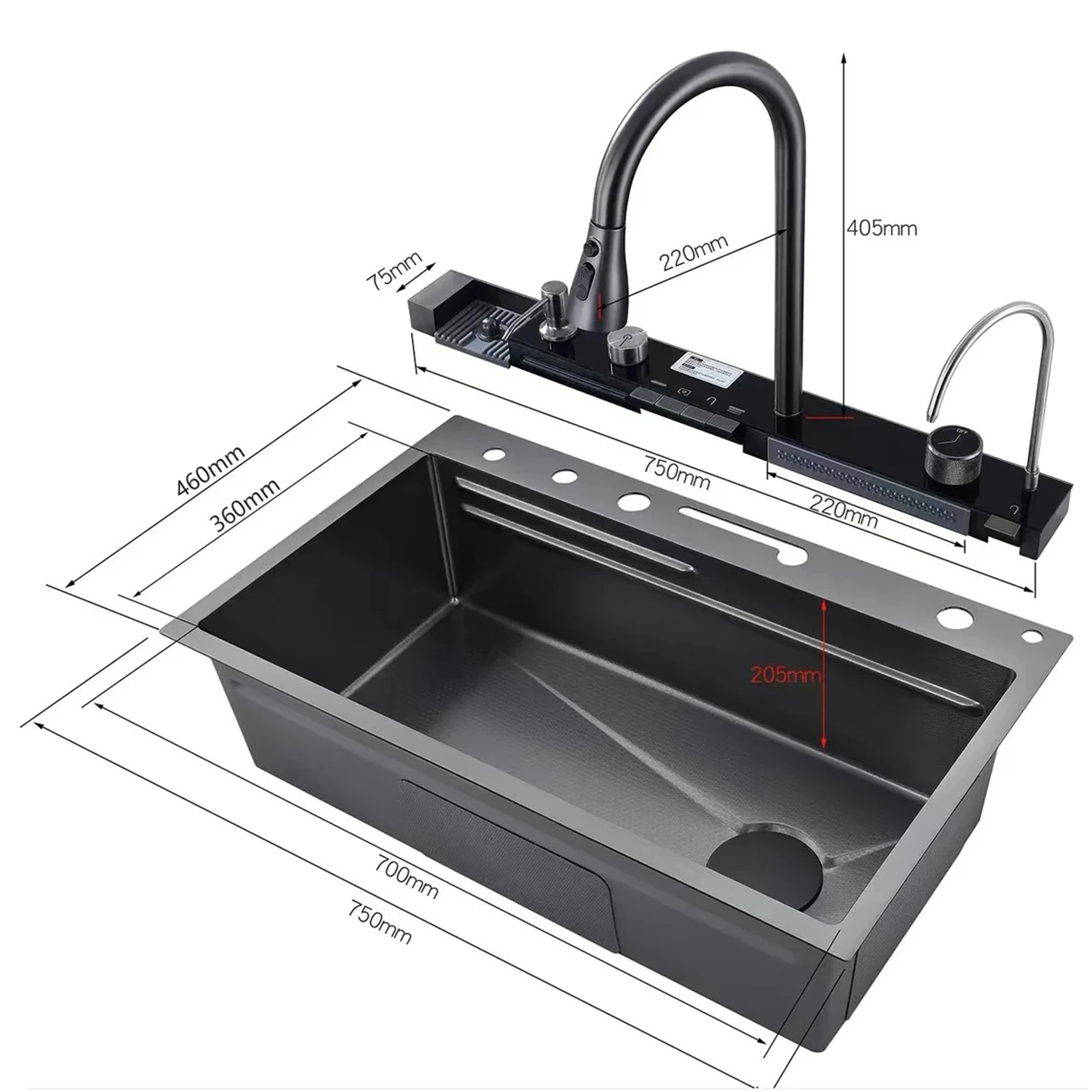 Modern Stainless Steel Kitchen Sink Multifunctional Sinks Waterfall Golden Large Single Slot Digital Display Washing Basin