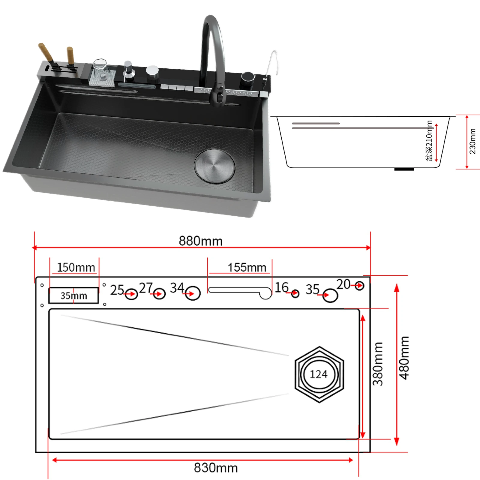 Modern Stainless Steel Kitchen Sink Multifunctional Sinks Waterfall Golden Large Single Slot Digital Display Washing Basin