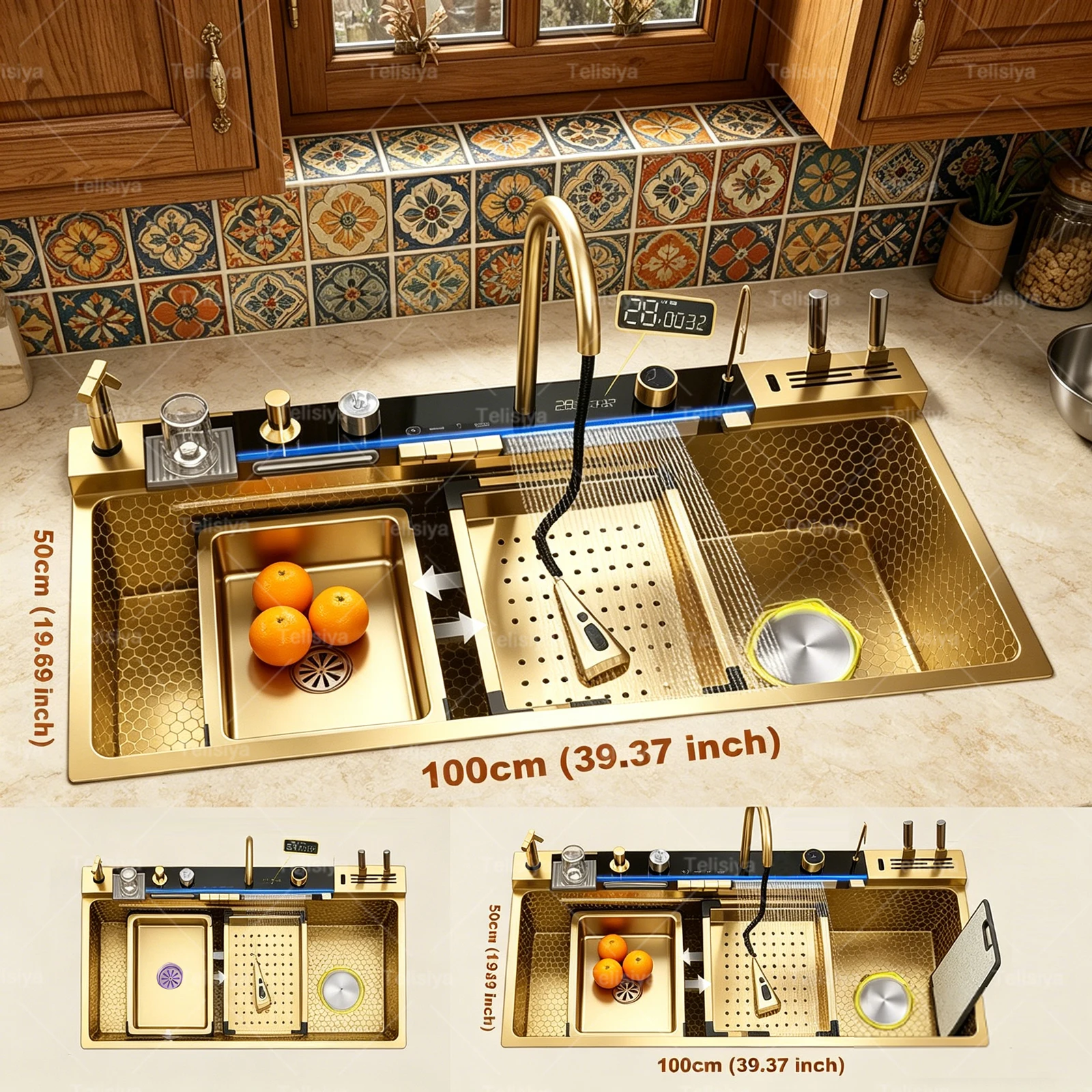 Modern Stainless Steel Kitchen Sink Multifunctional Sinks Waterfall Golden Large Single Slot Digital Display Washing Basin