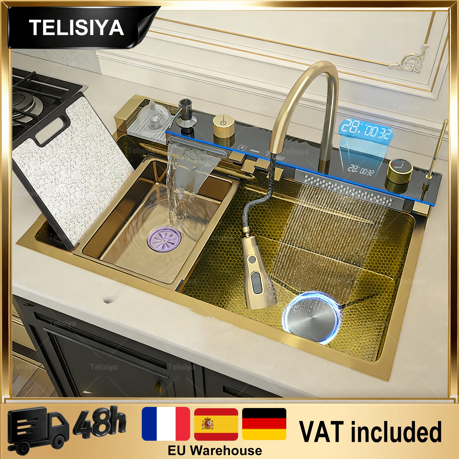 Modern Stainless Steel Kitchen Sink Multifunctional Sinks Waterfall Golden Large Single Slot Digital Display Washing Basin