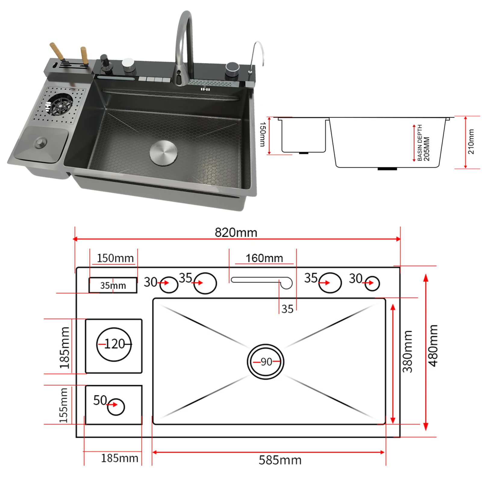 Modern Stainless Steel Kitchen Sink Multifunctional Sinks Waterfall Golden Large Single Slot Digital Display Washing Basin