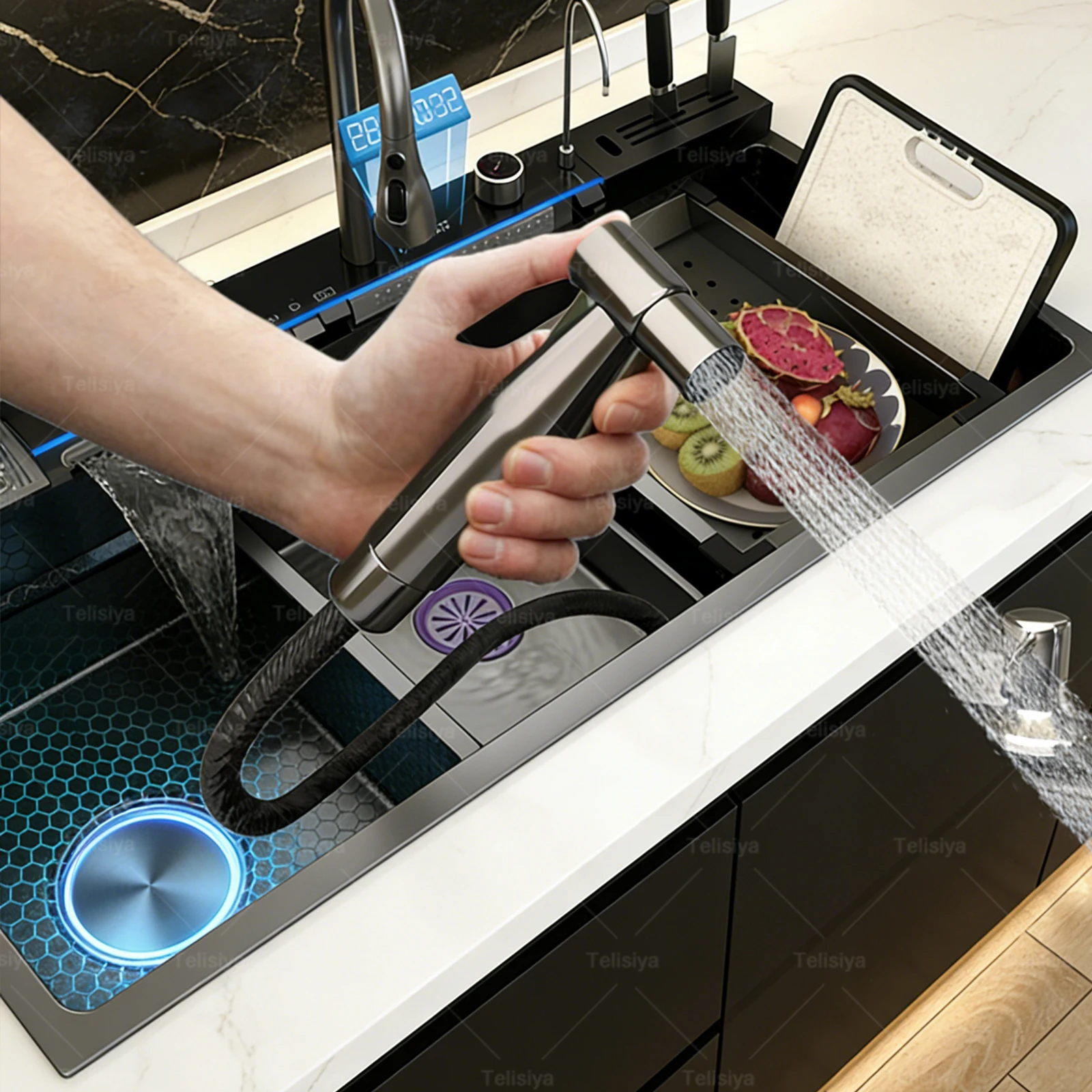Modern Stainless Steel Kitchen Sink Multifunctional Sinks Waterfall Golden Large Single Slot Digital Display Washing Basin
