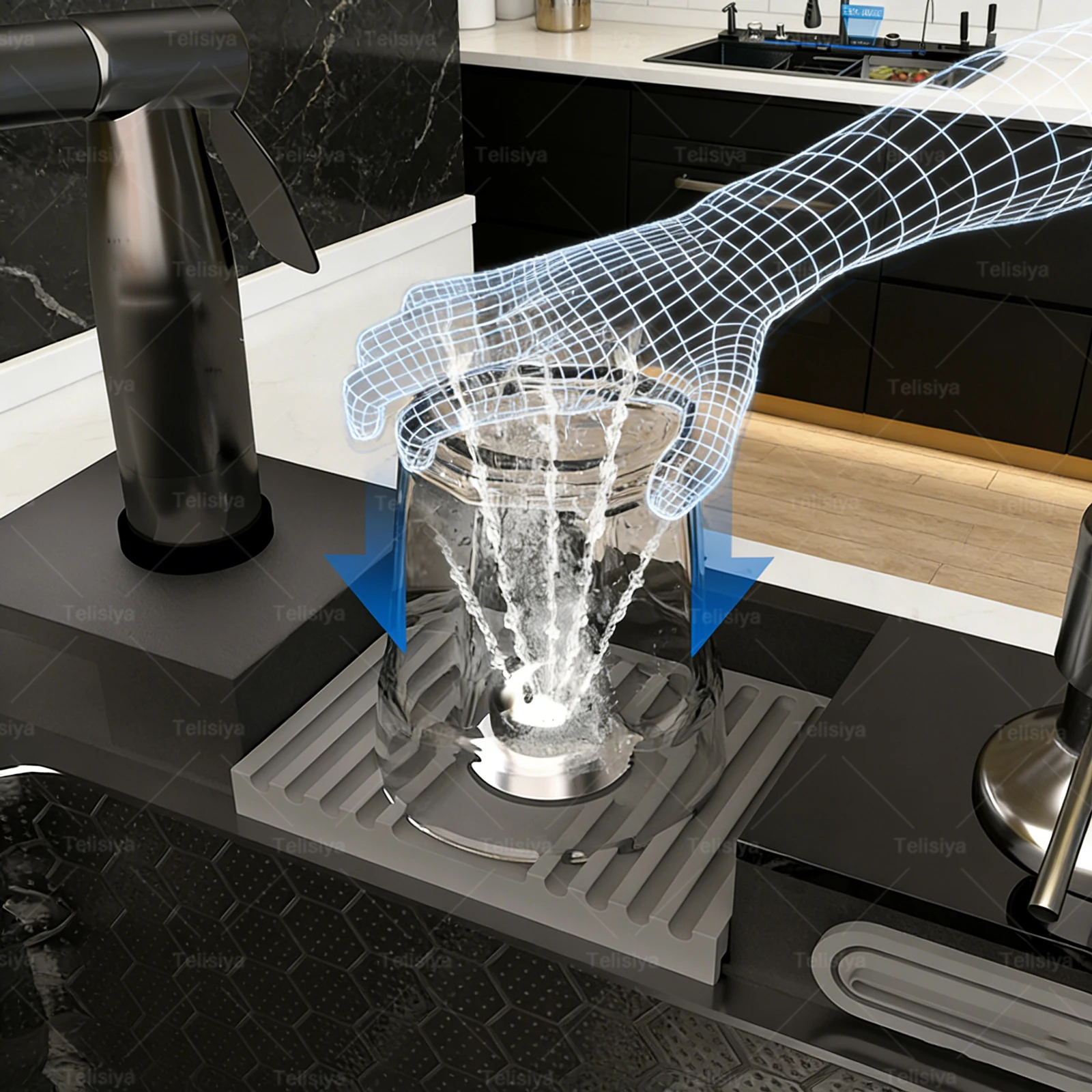 Modern Stainless Steel Kitchen Sink Multifunctional Sinks Waterfall Golden Large Single Slot Digital Display Washing Basin