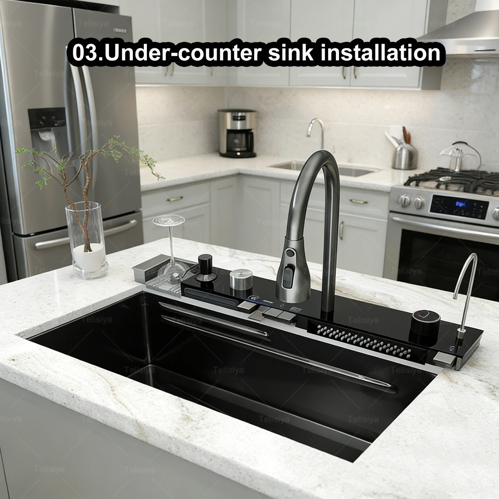 Modern Stainless Steel Kitchen Sink Multifunctional Sinks Waterfall Golden Large Single Slot Digital Display Washing Basin