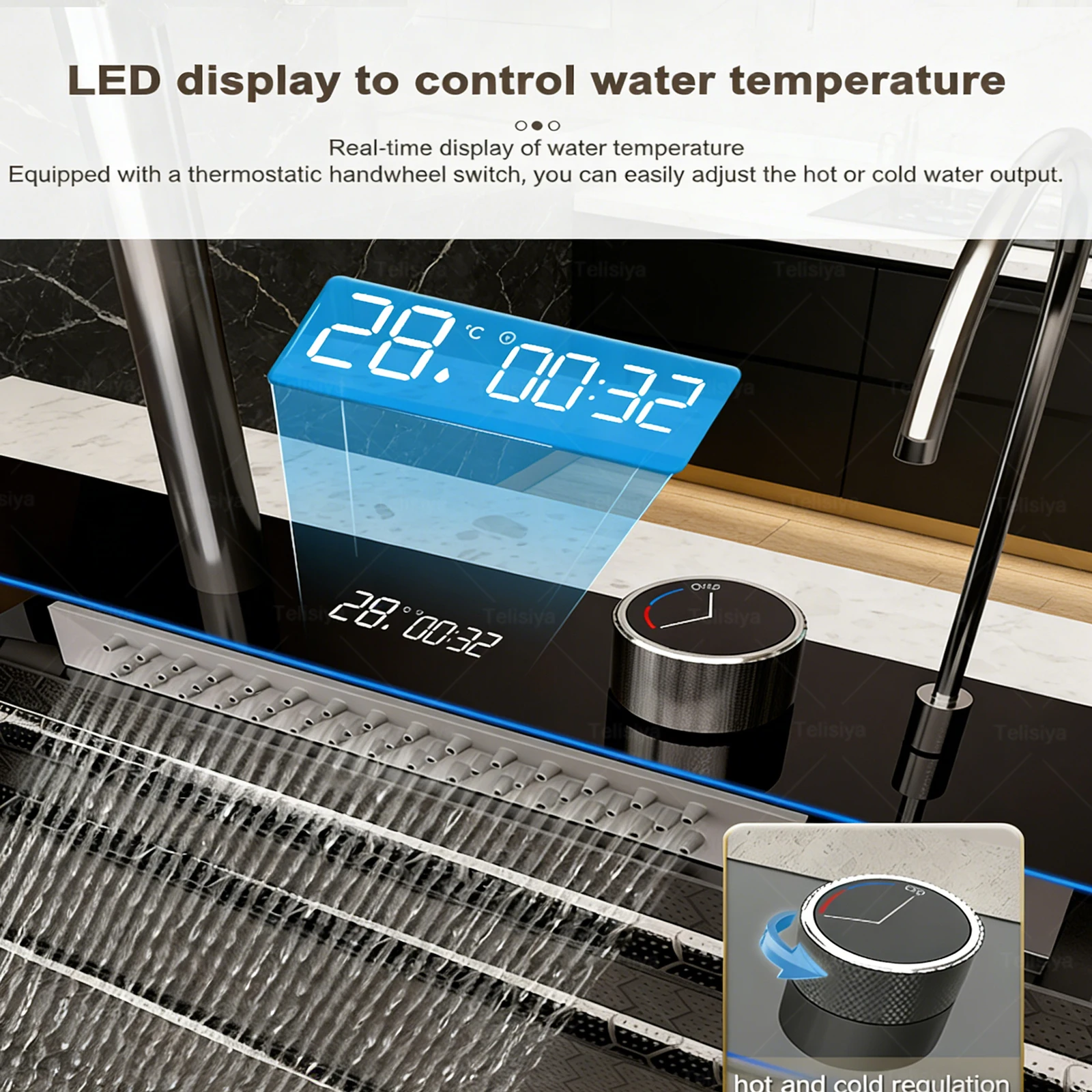 Modern Stainless Steel Kitchen Sink Multifunctional Sinks Waterfall Golden Large Single Slot Digital Display Washing Basin