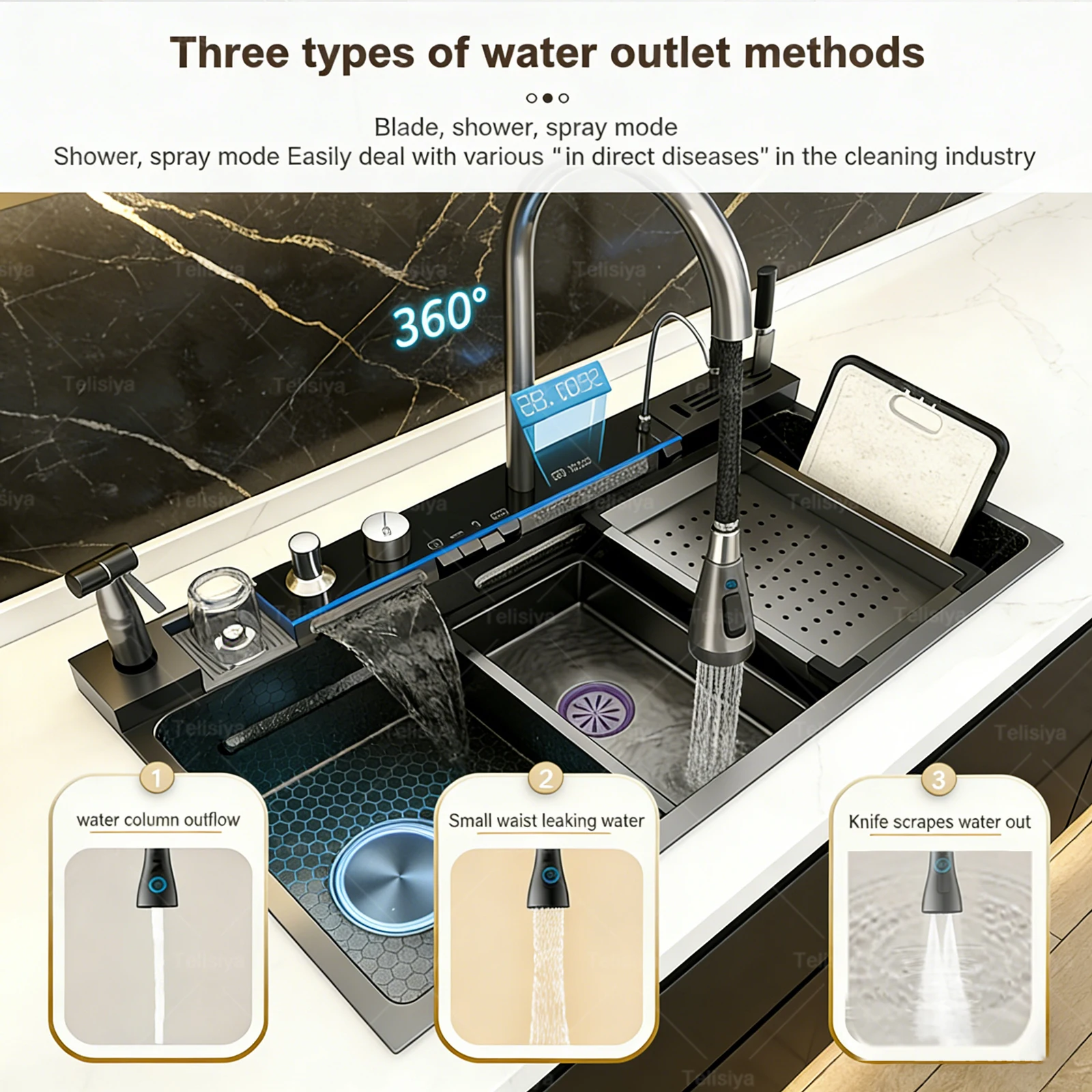 Modern Stainless Steel Kitchen Sink Multifunctional Sinks Waterfall Golden Large Single Slot Digital Display Washing Basin