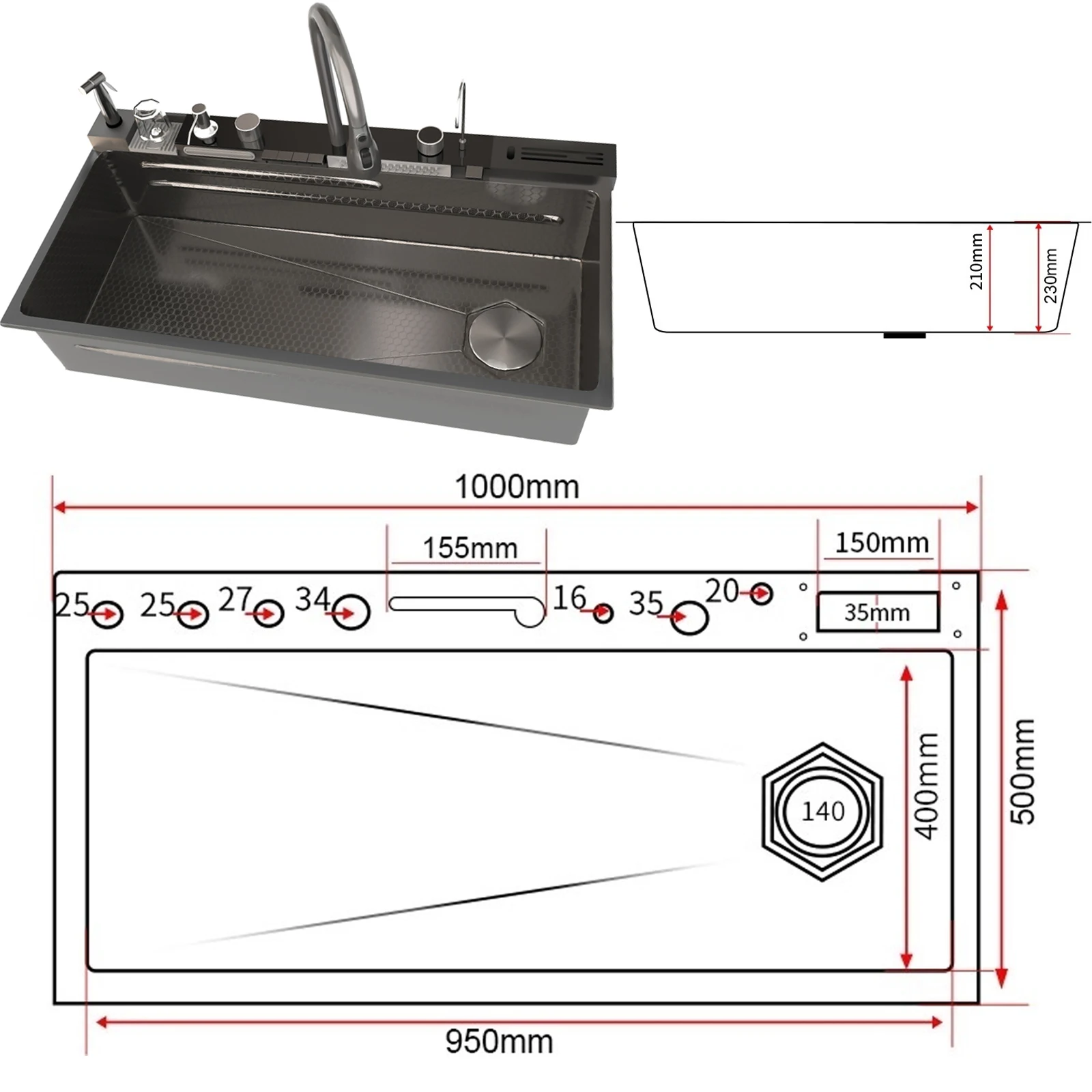Modern Stainless Steel Kitchen Sink Multifunctional Sinks Waterfall Golden Large Single Slot Digital Display Washing Basin