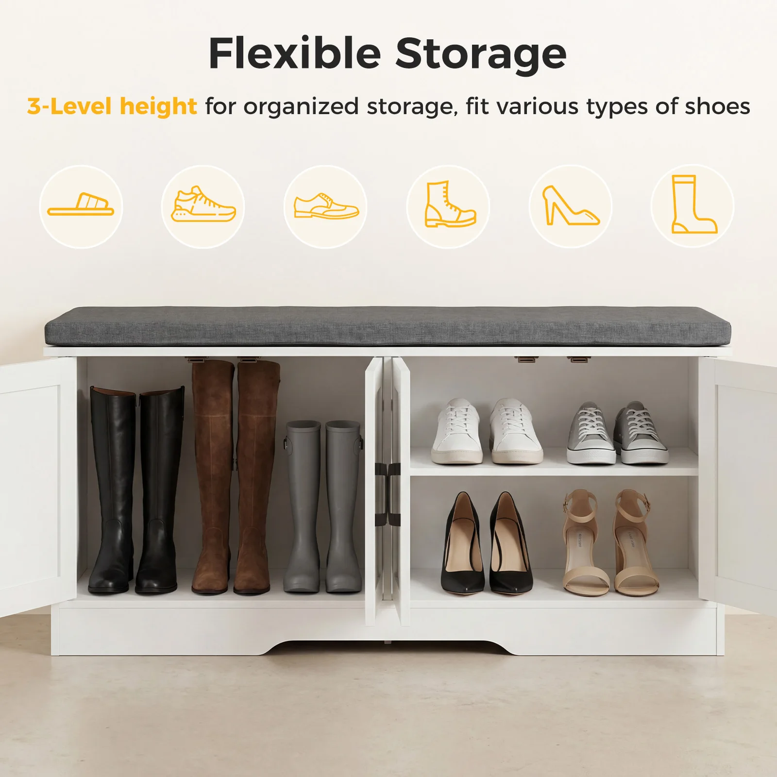 JHK Storage Bench Shoe Organizer Cabinet with Padded Seat Cushion 2 Doors Adjustable Shelf for Entryway Easy Assemble Strong Load-bearing Capacity