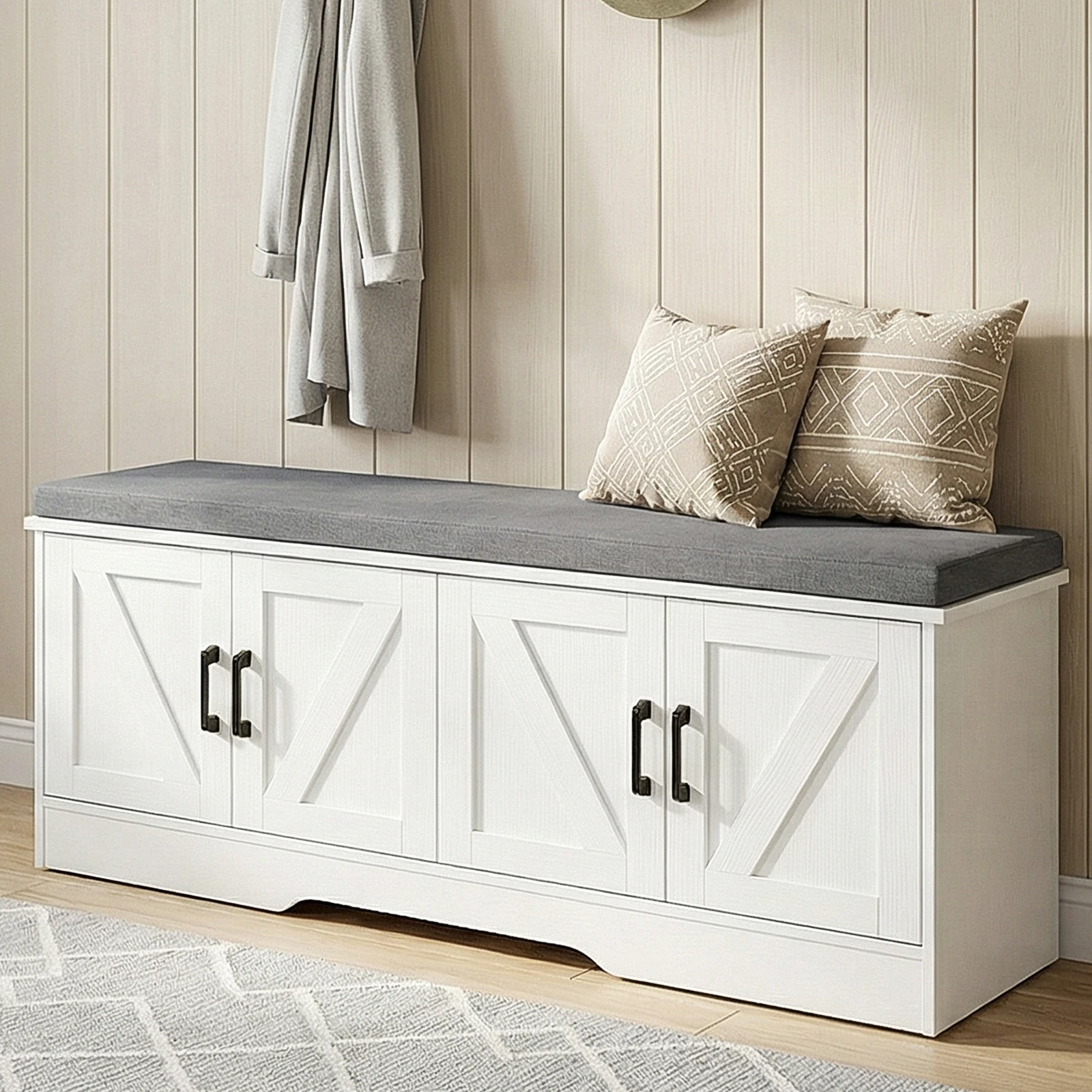 JHK Storage Bench Shoe Organizer Cabinet with Padded Seat Cushion 2 Doors Adjustable Shelf for Entryway Easy Assemble Strong Load-bearing Capacity