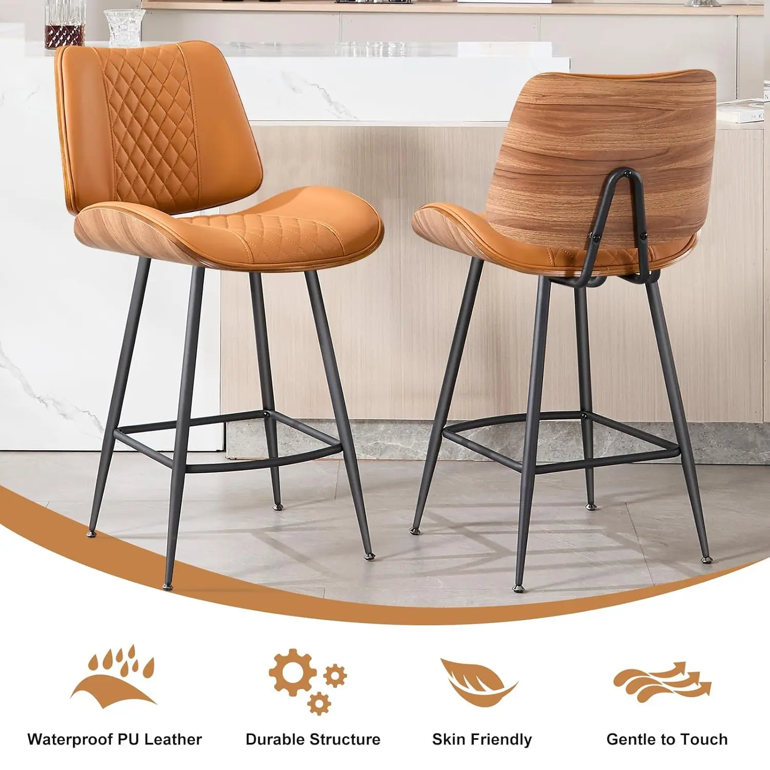 Counter Height Barstools Set of 3, 26.9" Armless Stools with Metal Legs, Walnut Pub Chair in Modern Style, Customized
