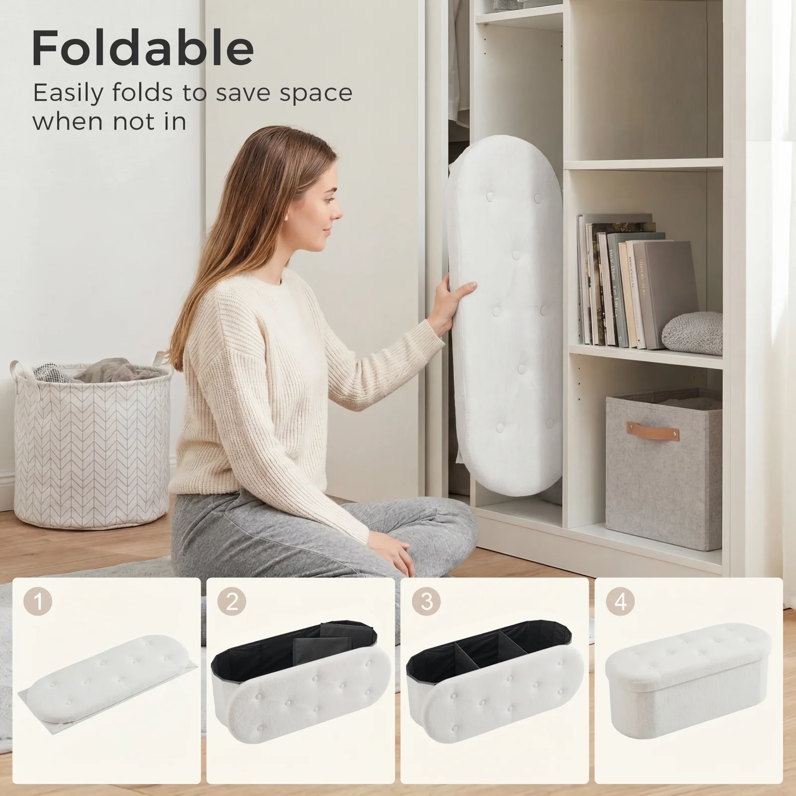 JHK 30/43IN Folding Storage Ottoman Bench with Storage Teddy Fabric Storage Chest for Bedroom End of Bed Foot Rest Bench Stool with Cushion for Home Entryway