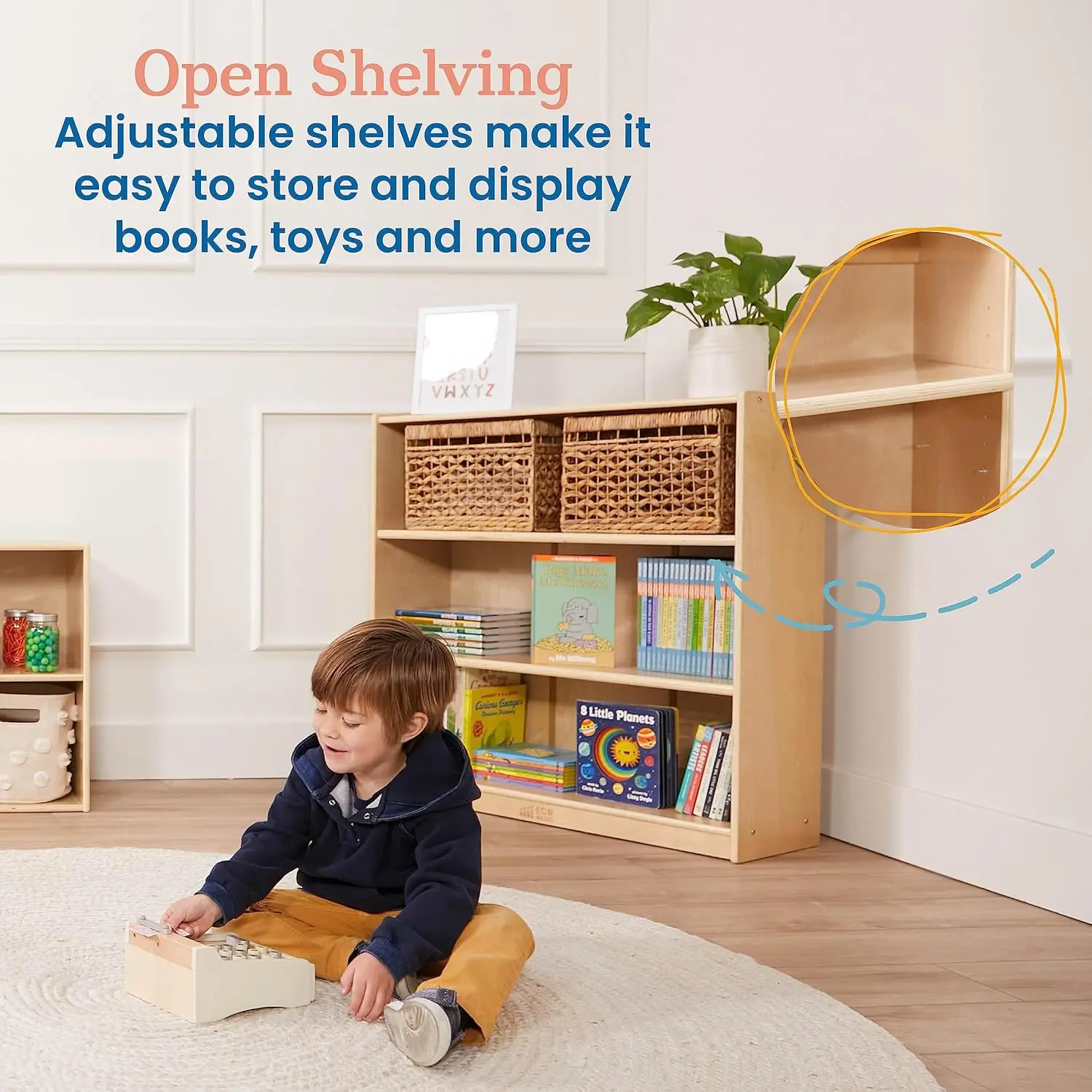36in Adjustable Shelf Wooden Bookcase Kids Bedroom Classroom Library Storage, Customized