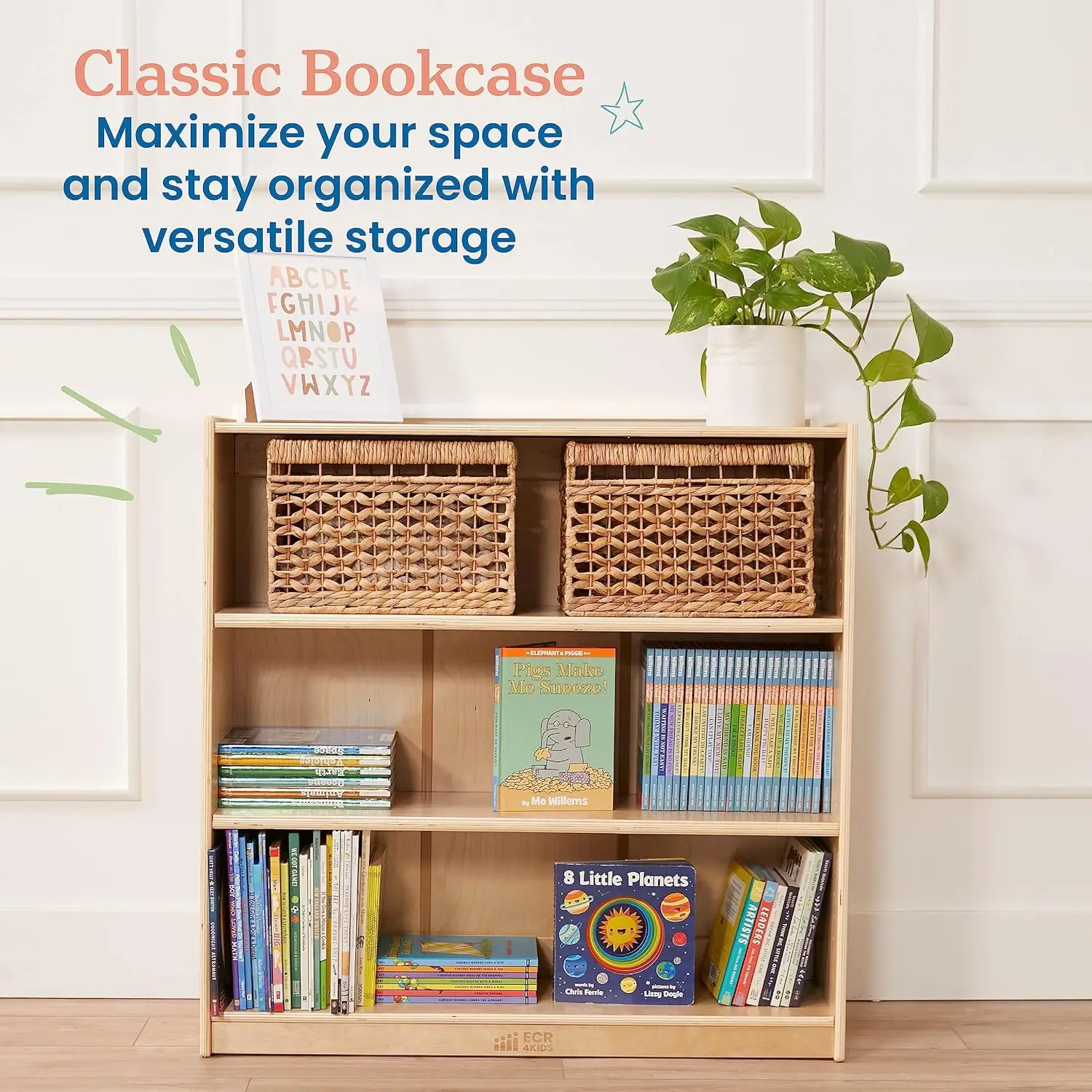 36in Adjustable Shelf Wooden Bookcase Kids Bedroom Classroom Library Storage, Customized