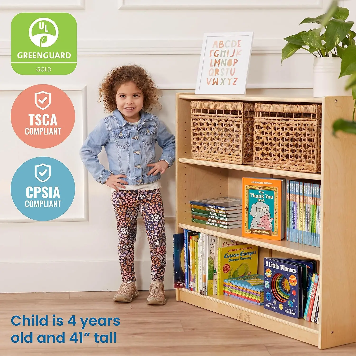 36in Adjustable Shelf Wooden Bookcase Kids Bedroom Classroom Library Storage, Customized