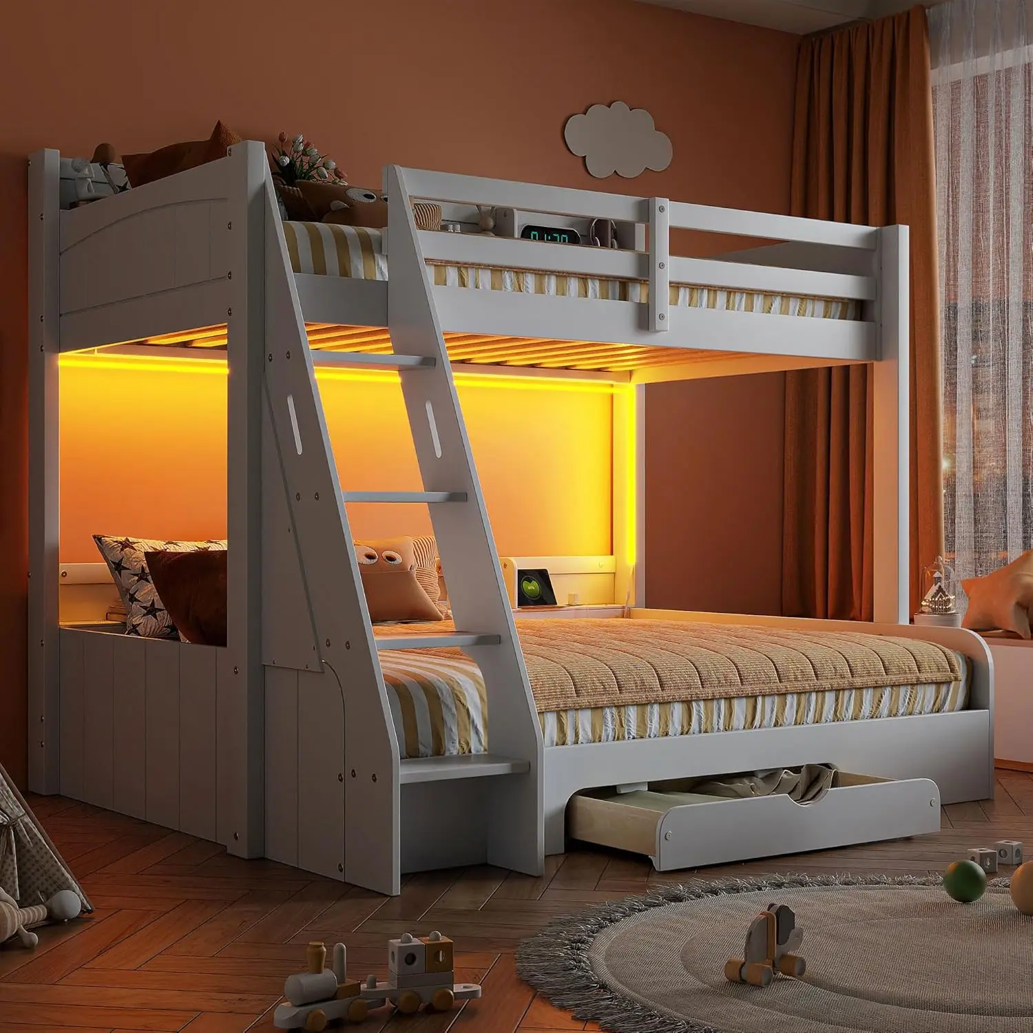 Twin Over Full Bunk Bed with Storage Shelves LED Charging Station & Drawer Solid Wood for Kids Teens Adults White, Customized