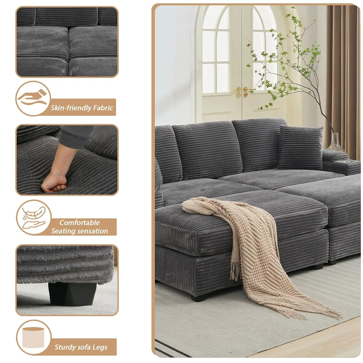 86.61'' Oversized Double Chaise Lounge with Ottomans, Comfy Corduroy Indoor Lounge Chair with Armrest Storage, Cup Holder, USB P