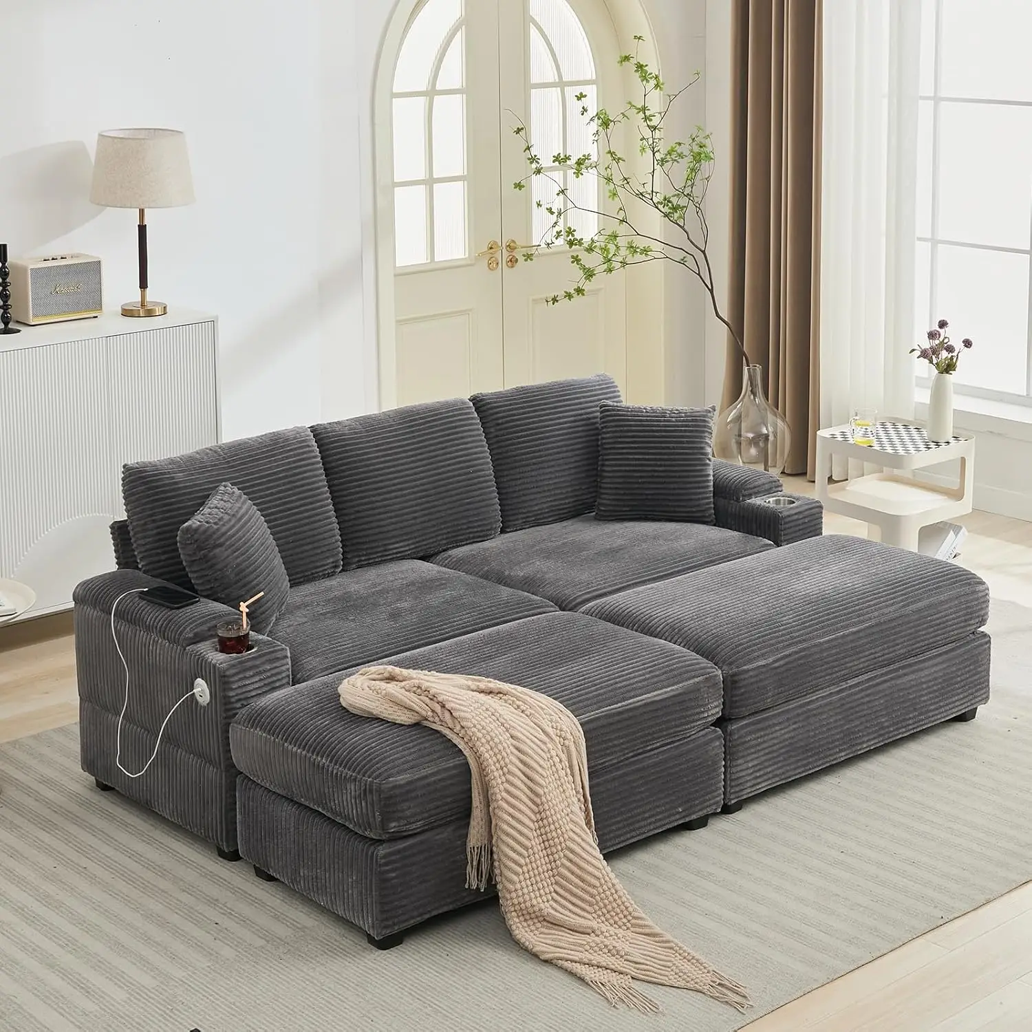 86.61'' Oversized Double Chaise Lounge with Ottomans, Comfy Corduroy Indoor Lounge Chair with Armrest Storage, Cup Holder, USB P