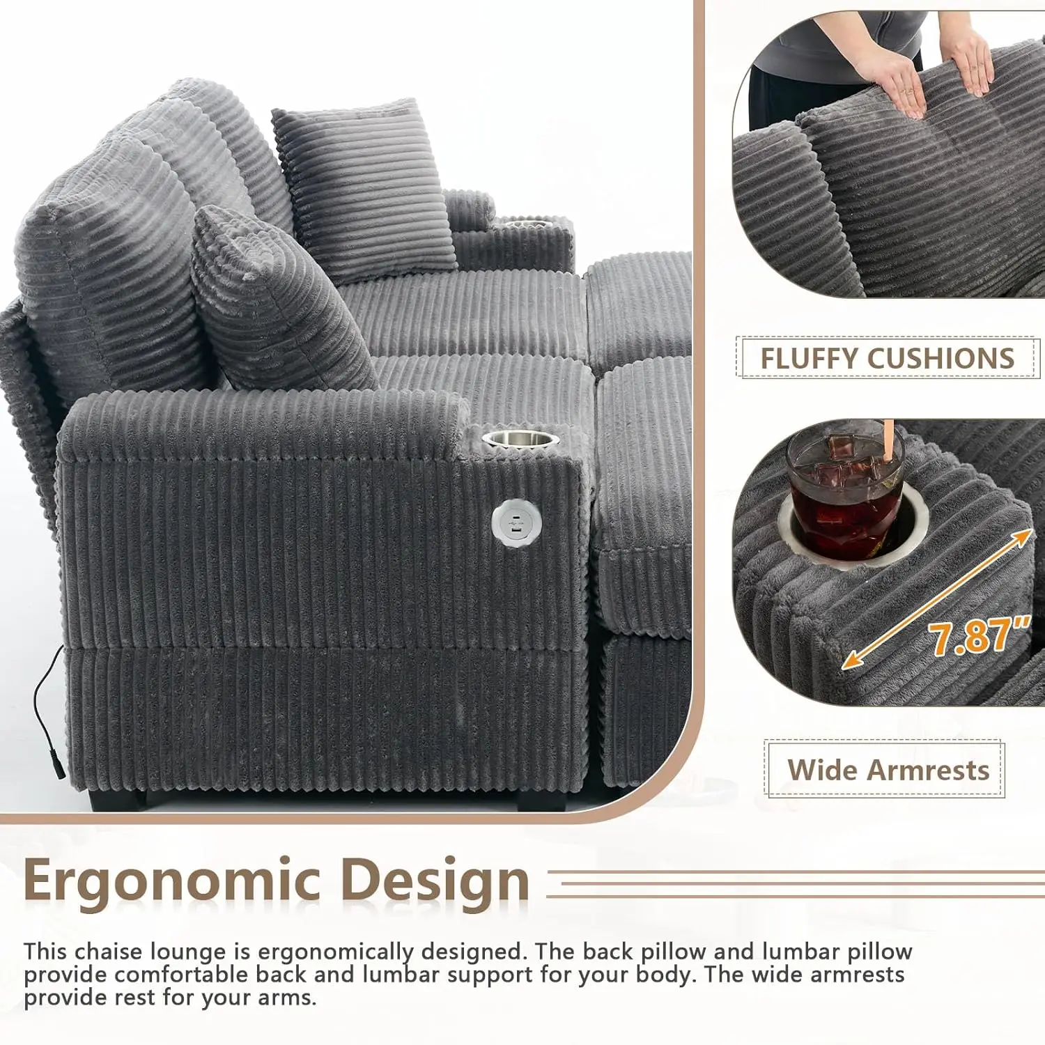 86.61'' Oversized Double Chaise Lounge with Ottomans, Comfy Corduroy Indoor Lounge Chair with Armrest Storage, Cup Holder, USB P