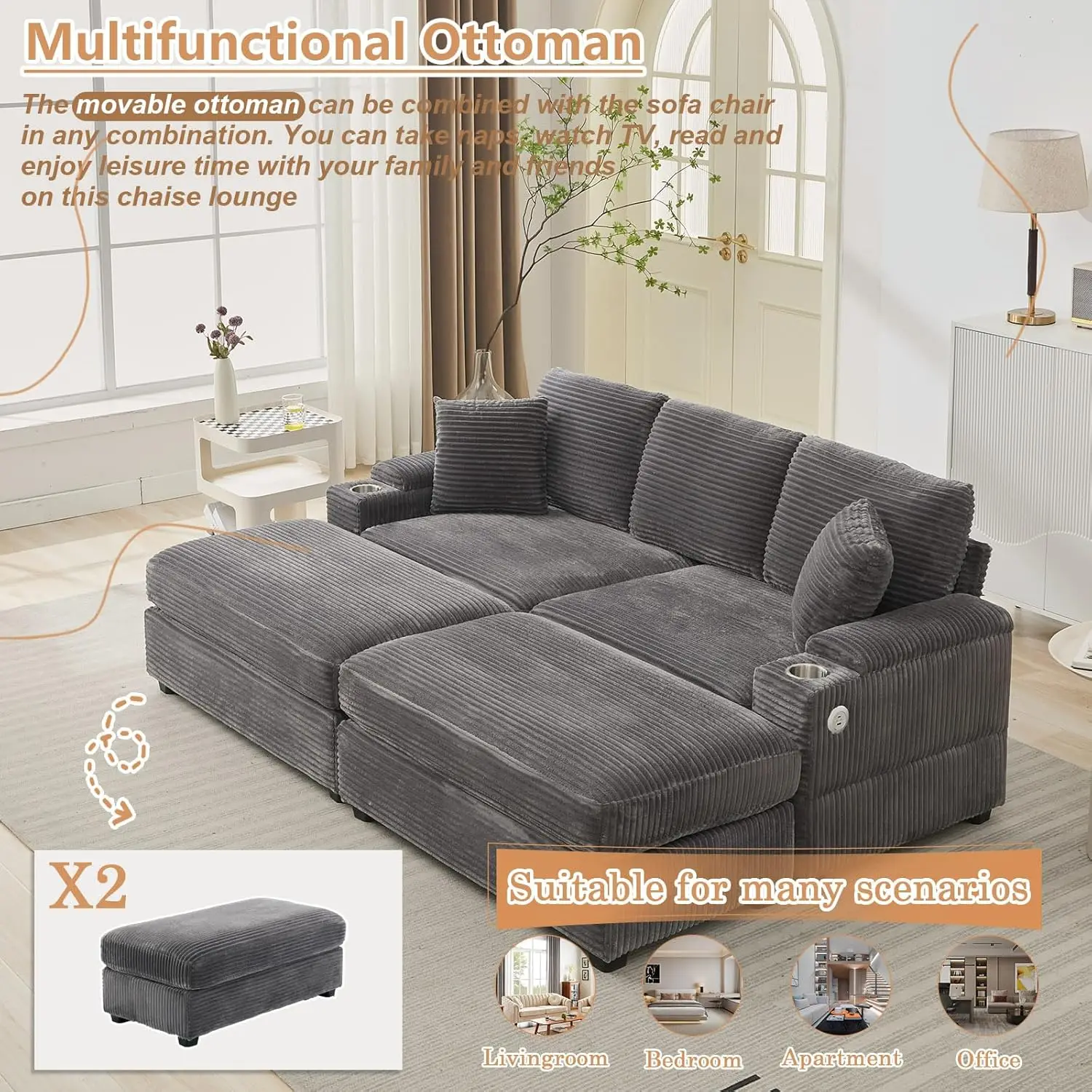 86.61'' Oversized Double Chaise Lounge with Ottomans, Comfy Corduroy Indoor Lounge Chair with Armrest Storage, Cup Holder, USB P