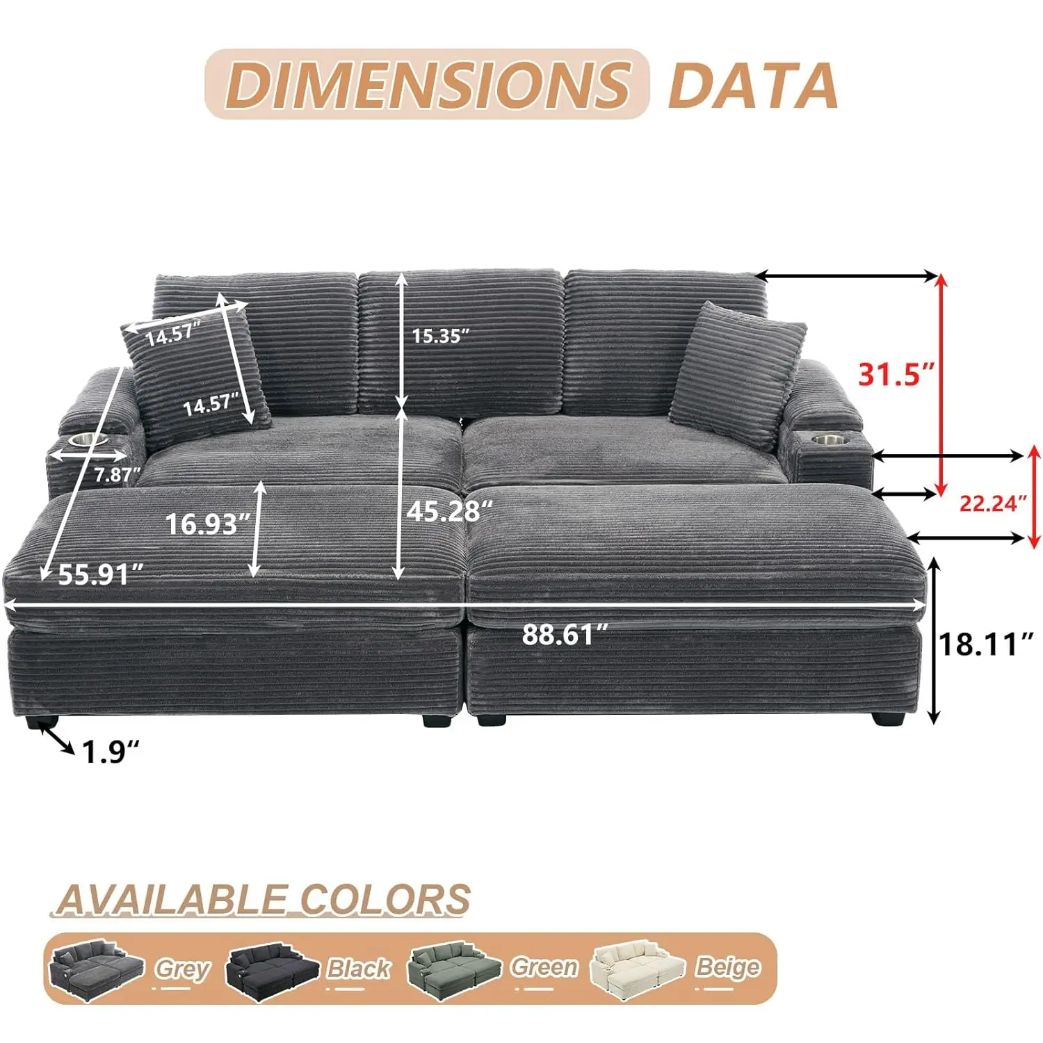 86.61'' Oversized Double Chaise Lounge with Ottomans, Comfy Corduroy Indoor Lounge Chair with Armrest Storage, Cup Holder, USB P