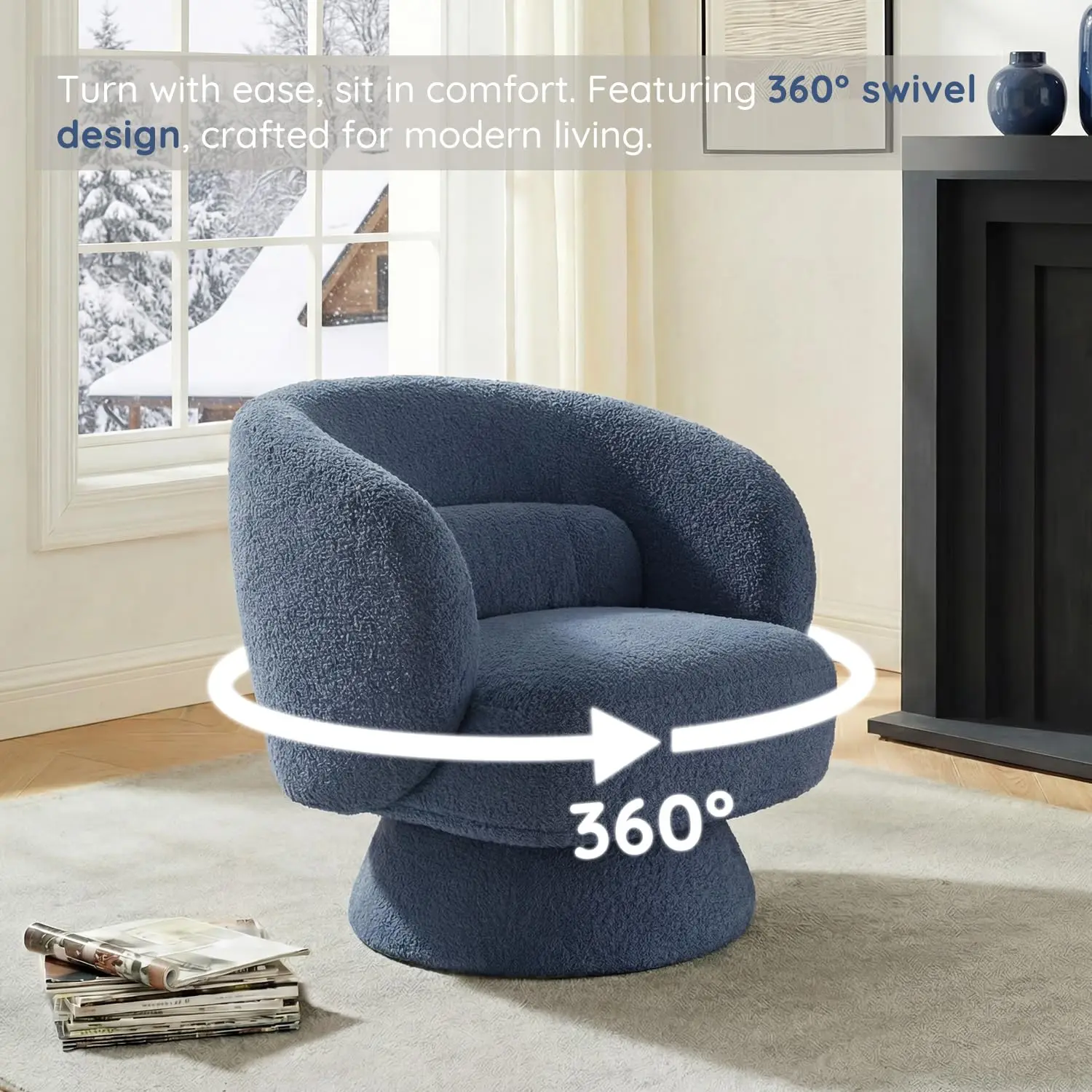 360° Swivel Barrel Chair with Arms Curved Back Lumbar Cushion Comfy Boucle Small Space Living Room Bedroom, Customized