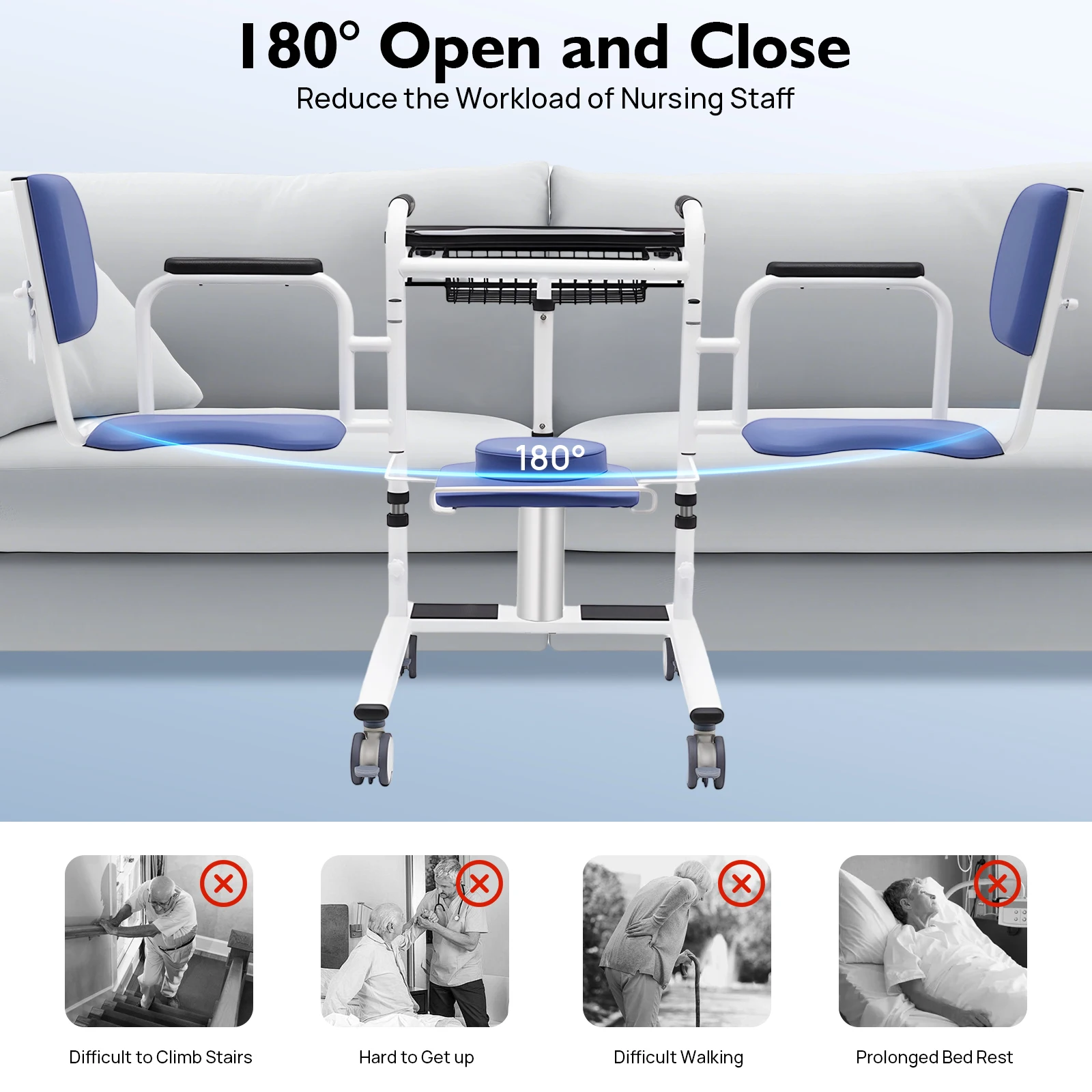 Hydraulic Transfer Chair for Patients 330lbs Load Capacity 180° Backrest Safe Mobility Aid for Home and Care Facilities
