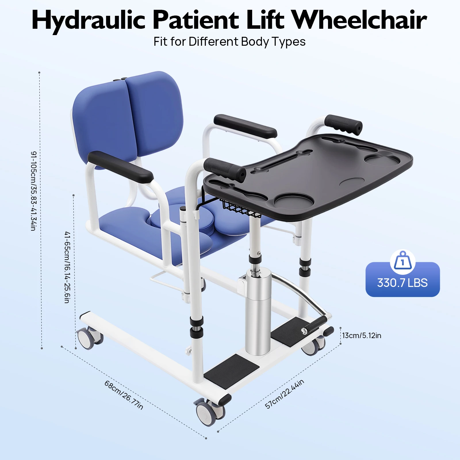 Hydraulic Transfer Chair for Patients 330lbs Load Capacity 180° Backrest Safe Mobility Aid for Home and Care Facilities
