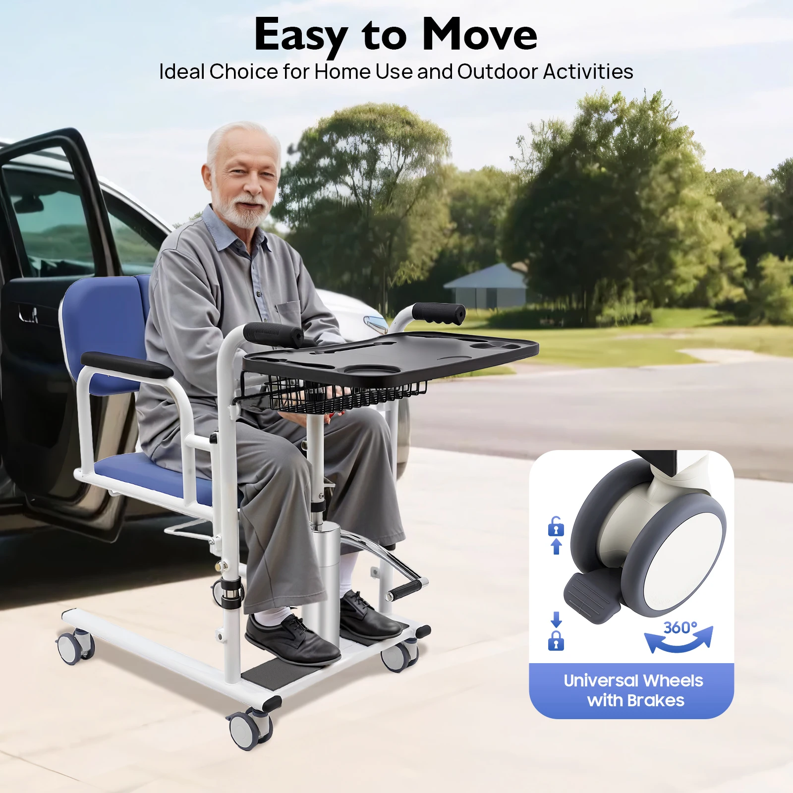 Hydraulic Transfer Chair for Patients 330lbs Load Capacity 180° Backrest Safe Mobility Aid for Home and Care Facilities