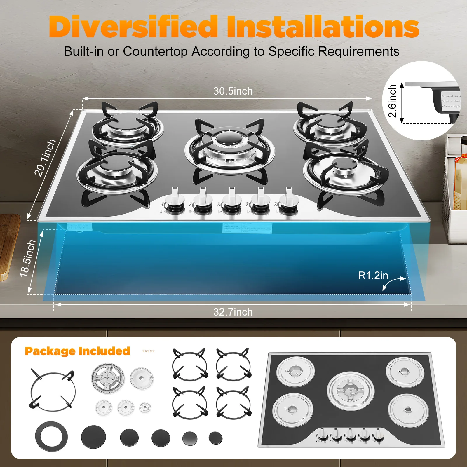 5 Burner Built-in Gas Cooktop Glass Top 3KW Dual Ring High Power Energy Saving 63% Efficiency LPG Natural Gas Stove