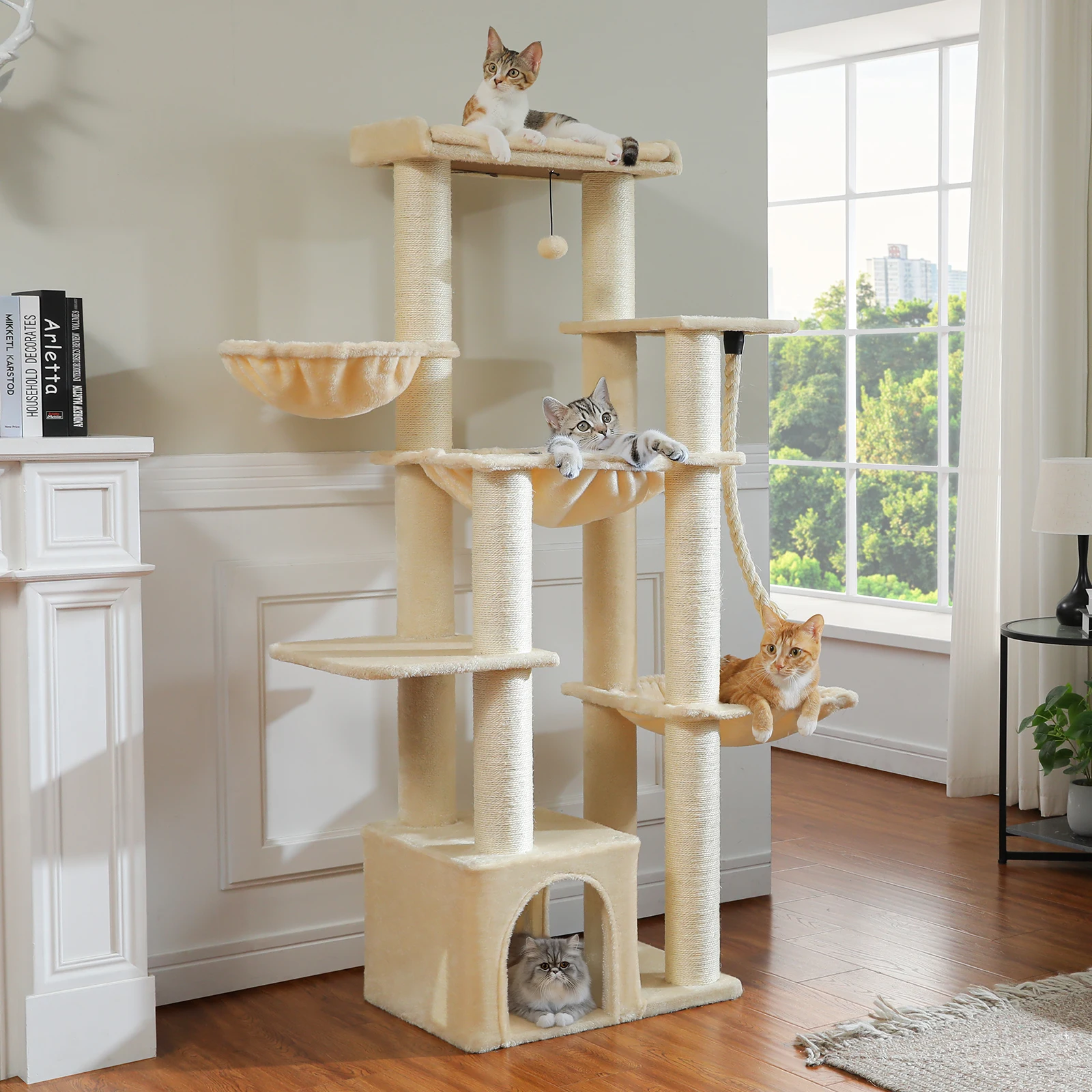 Large Cat Tree with 7 Thick Sisal Scratching Posts Big Hammocks Tall Cat Tower for Indoor Cats Large Adult with Spacious Condo