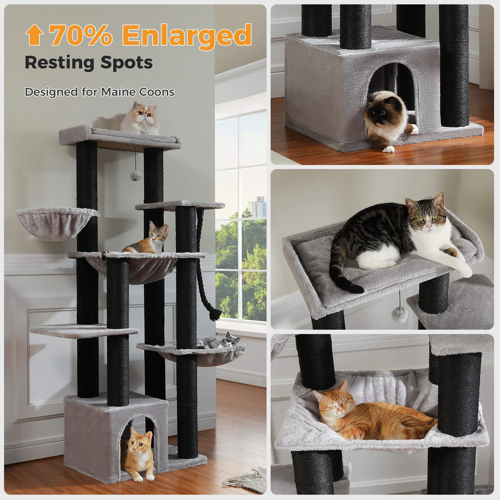 Large Cat Tree with 7 Thick Sisal Scratching Posts Big Hammocks Tall Cat Tower for Indoor Cats Large Adult with Spacious Condo