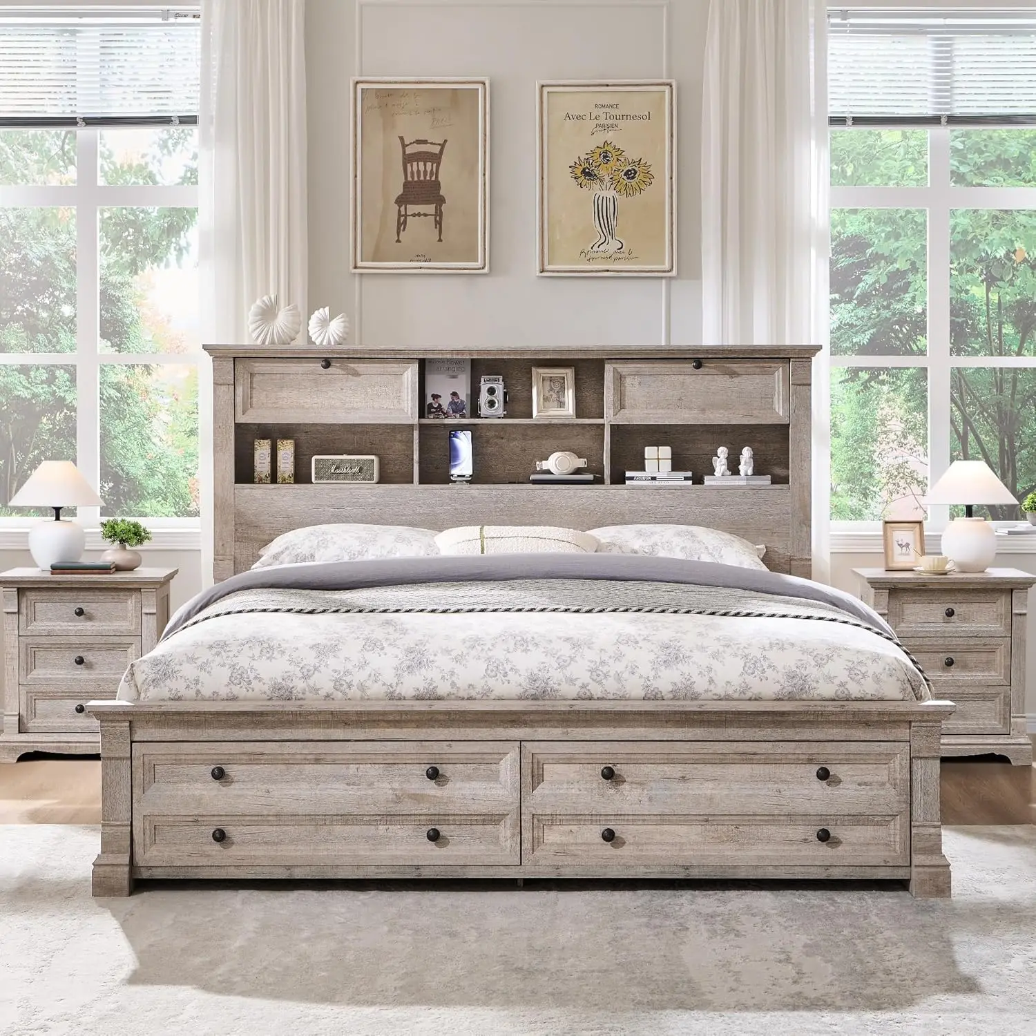 Queen Storage Bed Frame with Bookcase Headboard Column Footboard 2 Drawers No Box Spring Oak Customized