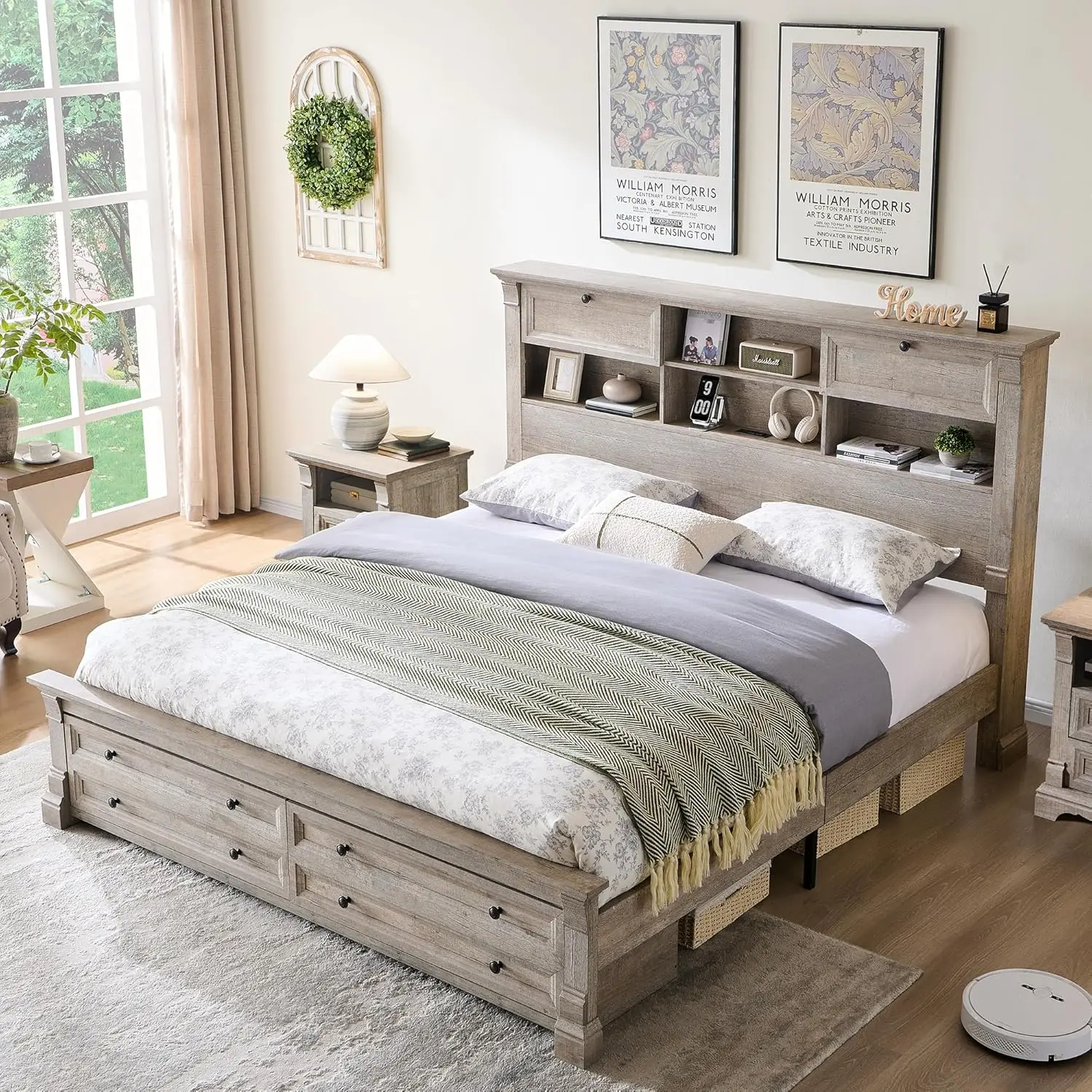 Queen Storage Bed Frame with Bookcase Headboard Column Footboard 2 Drawers No Box Spring Oak Customized