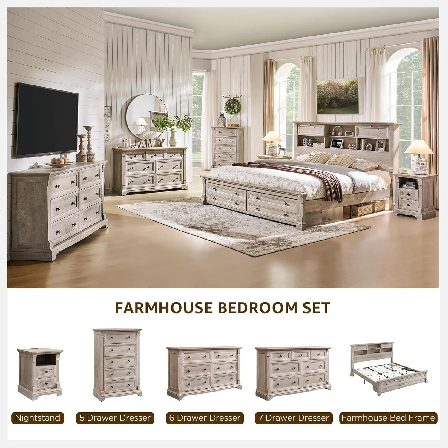 Queen Storage Bed Frame with Bookcase Headboard Column Footboard 2 Drawers No Box Spring Oak Customized