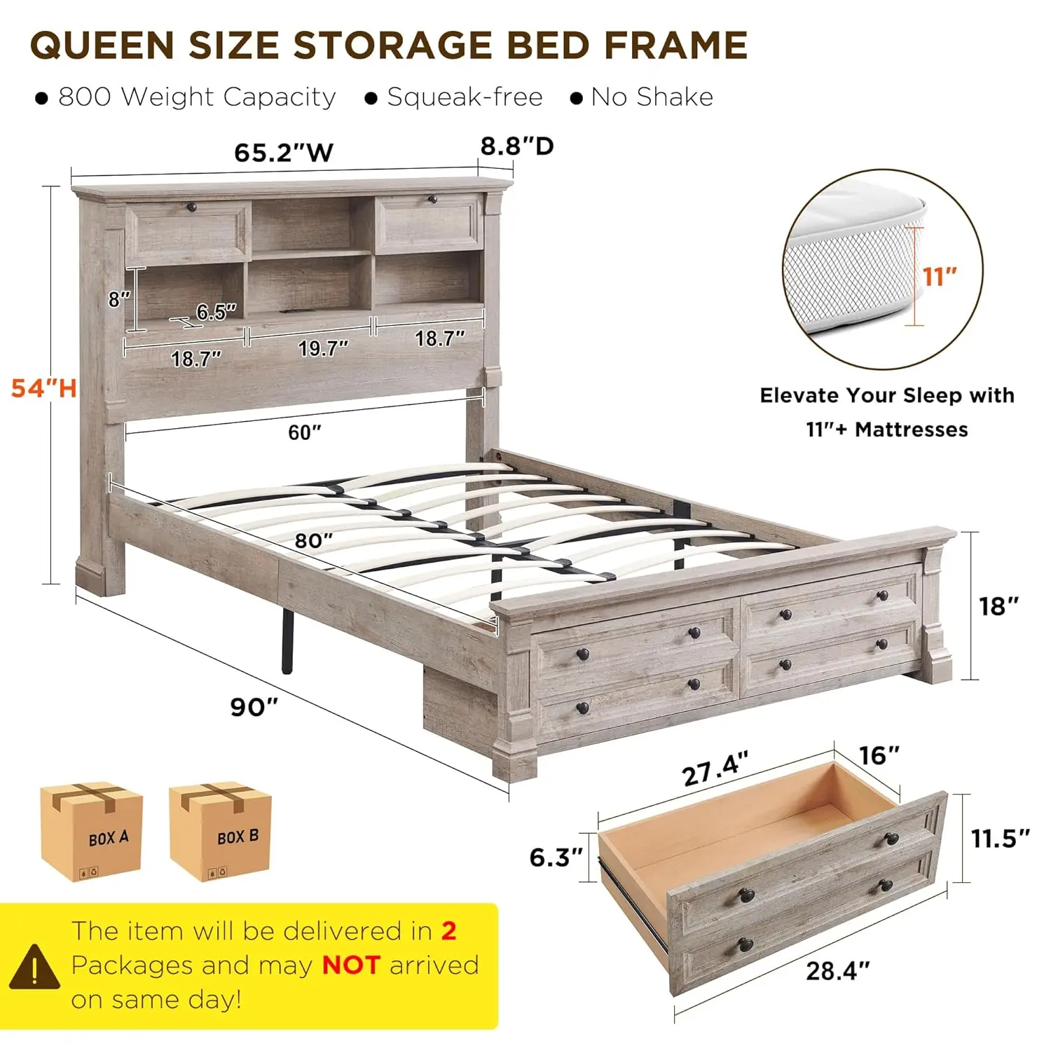 Queen Storage Bed Frame with Bookcase Headboard Column Footboard 2 Drawers No Box Spring Oak Customized