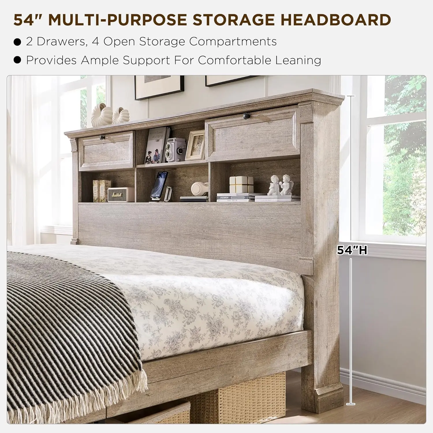 Queen Storage Bed Frame with Bookcase Headboard Column Footboard 2 Drawers No Box Spring Oak Customized
