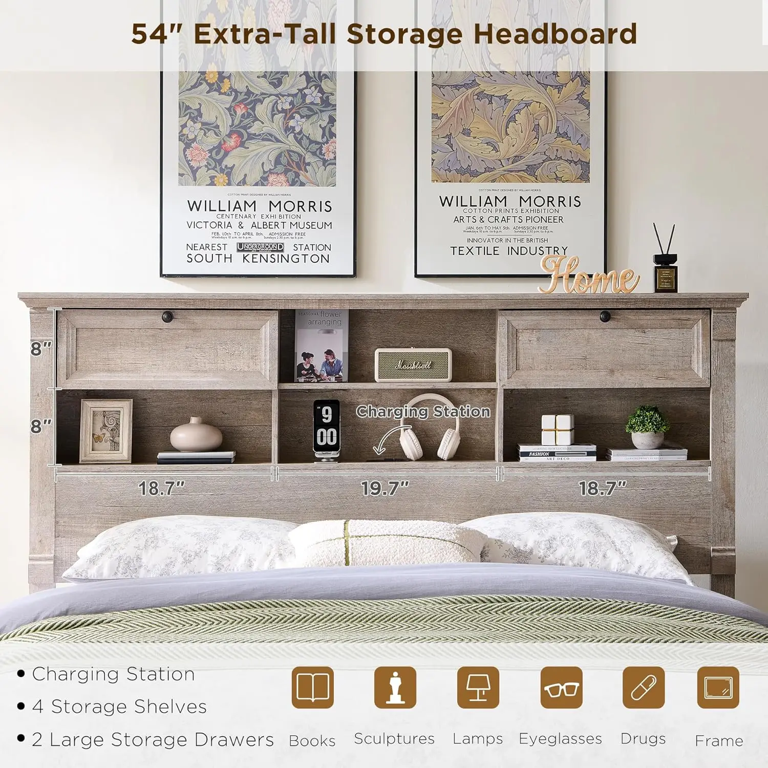 Queen Storage Bed Frame with Bookcase Headboard Column Footboard 2 Drawers No Box Spring Oak Customized
