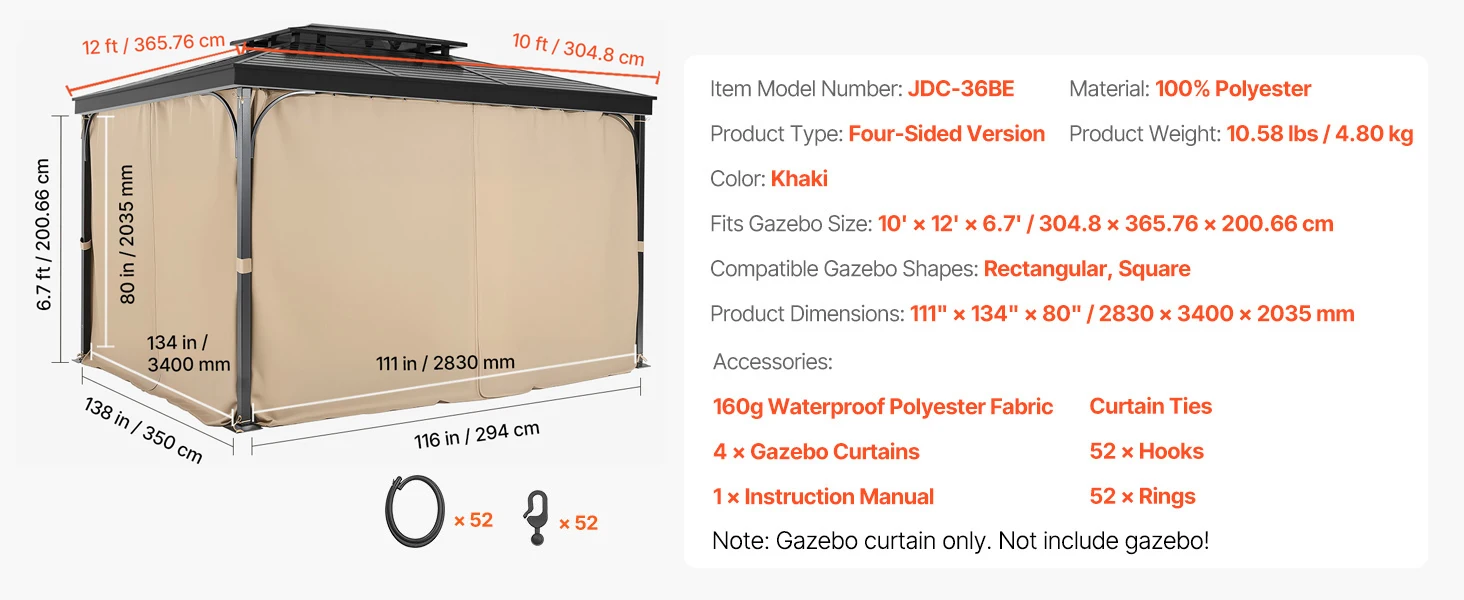 SucceBuy Gazebo Curtains 4-Panel Sidewall Gazebo Privacy Curtains with Zippers Universal Sunshade Curtains Replacement for Patio
