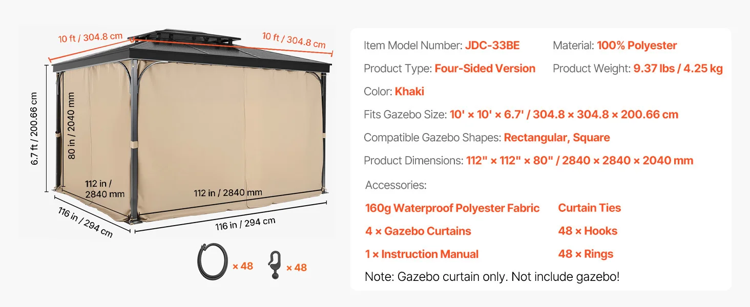 SucceBuy Gazebo Curtains 4-Panel Sidewall Gazebo Privacy Curtains with Zippers Universal Sunshade Curtains Replacement for Patio