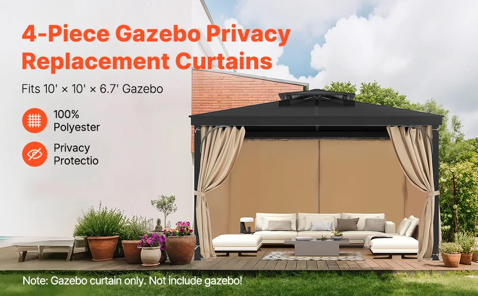 SucceBuy Gazebo Curtains 4-Panel Sidewall Gazebo Privacy Curtains with Zippers Universal Sunshade Curtains Replacement for Patio