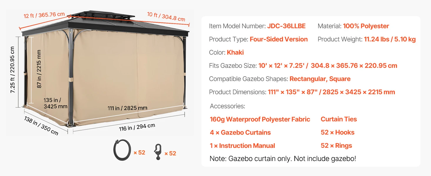 SucceBuy Gazebo Curtains 4-Panel Sidewall Gazebo Privacy Curtains with Zippers Universal Sunshade Curtains Replacement for Patio
