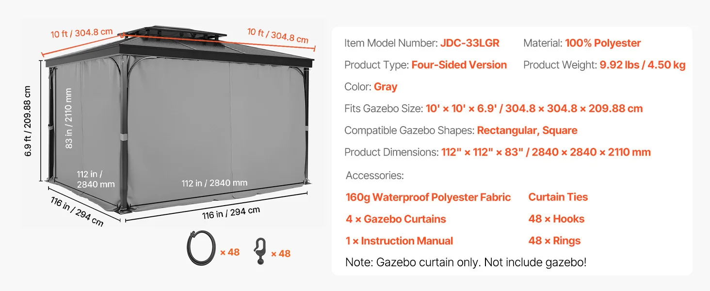 SucceBuy Gazebo Curtains 4-Panel Sidewall Gazebo Privacy Curtains with Zippers Universal Sunshade Curtains Replacement for Patio
