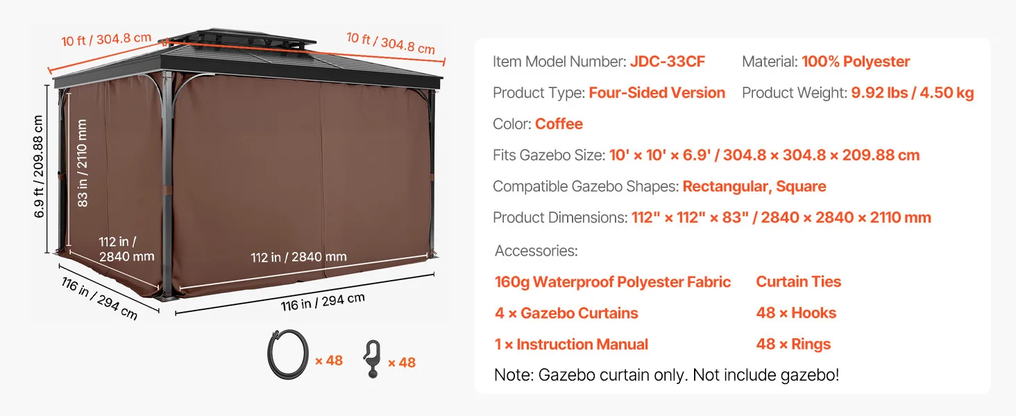 SucceBuy Gazebo Curtains 4-Panel Sidewall Gazebo Privacy Curtains with Zippers Universal Sunshade Curtains Replacement for Patio