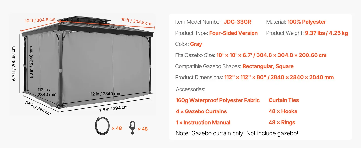 SucceBuy Gazebo Curtains 4-Panel Sidewall Gazebo Privacy Curtains with Zippers Universal Sunshade Curtains Replacement for Patio
