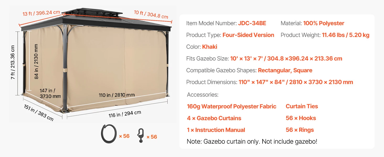 SucceBuy Gazebo Curtains 4-Panel Sidewall Gazebo Privacy Curtains with Zippers Universal Sunshade Curtains Replacement for Patio