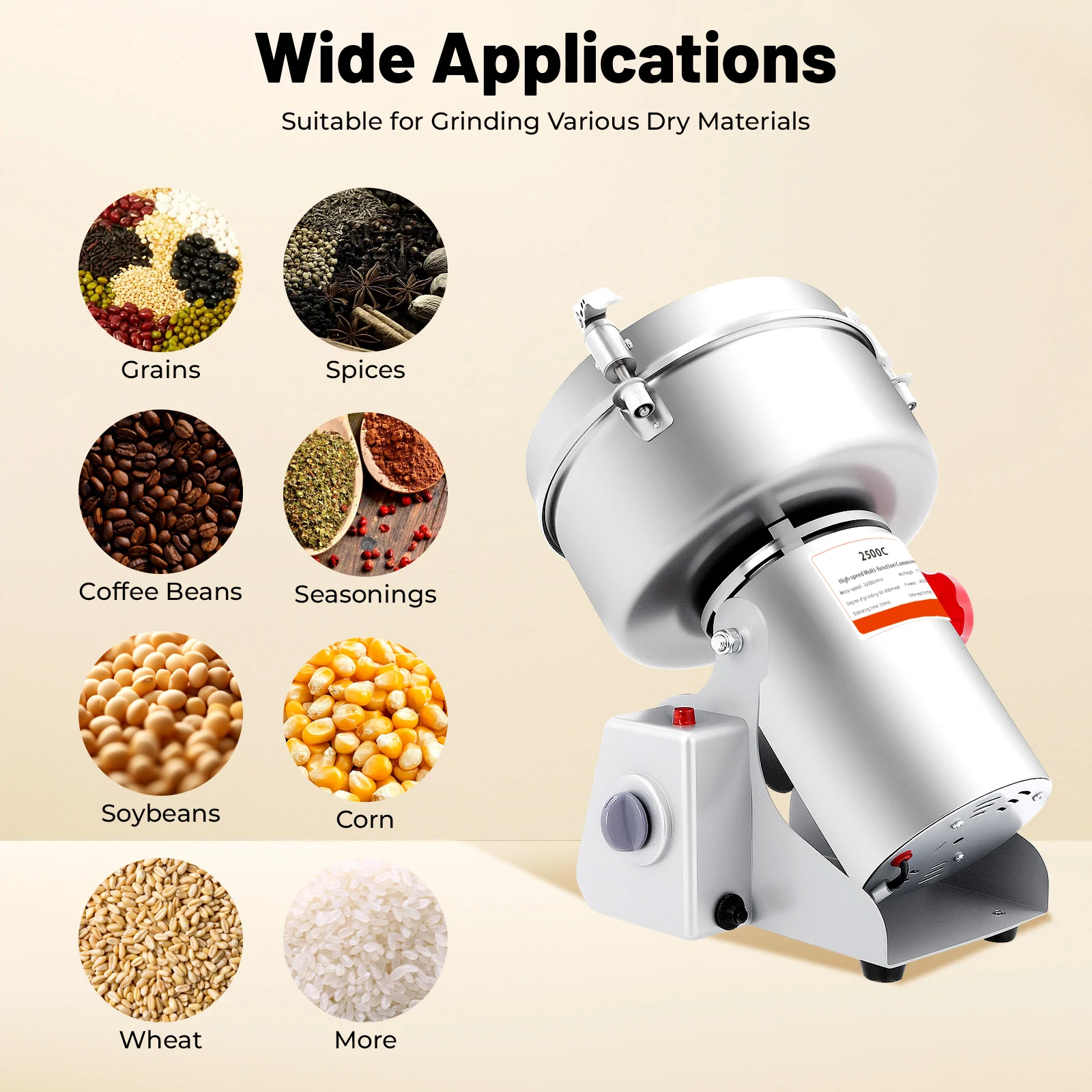 2500G 4500W High Power Grain Mill, Swing Spice Grinders, 304 Stainless Steel Grain Spices Mill, Medicine Wheat Mixer,Grinder Coffee Beans Machine for Homes, Clinics, Hospitals, Pharmacies